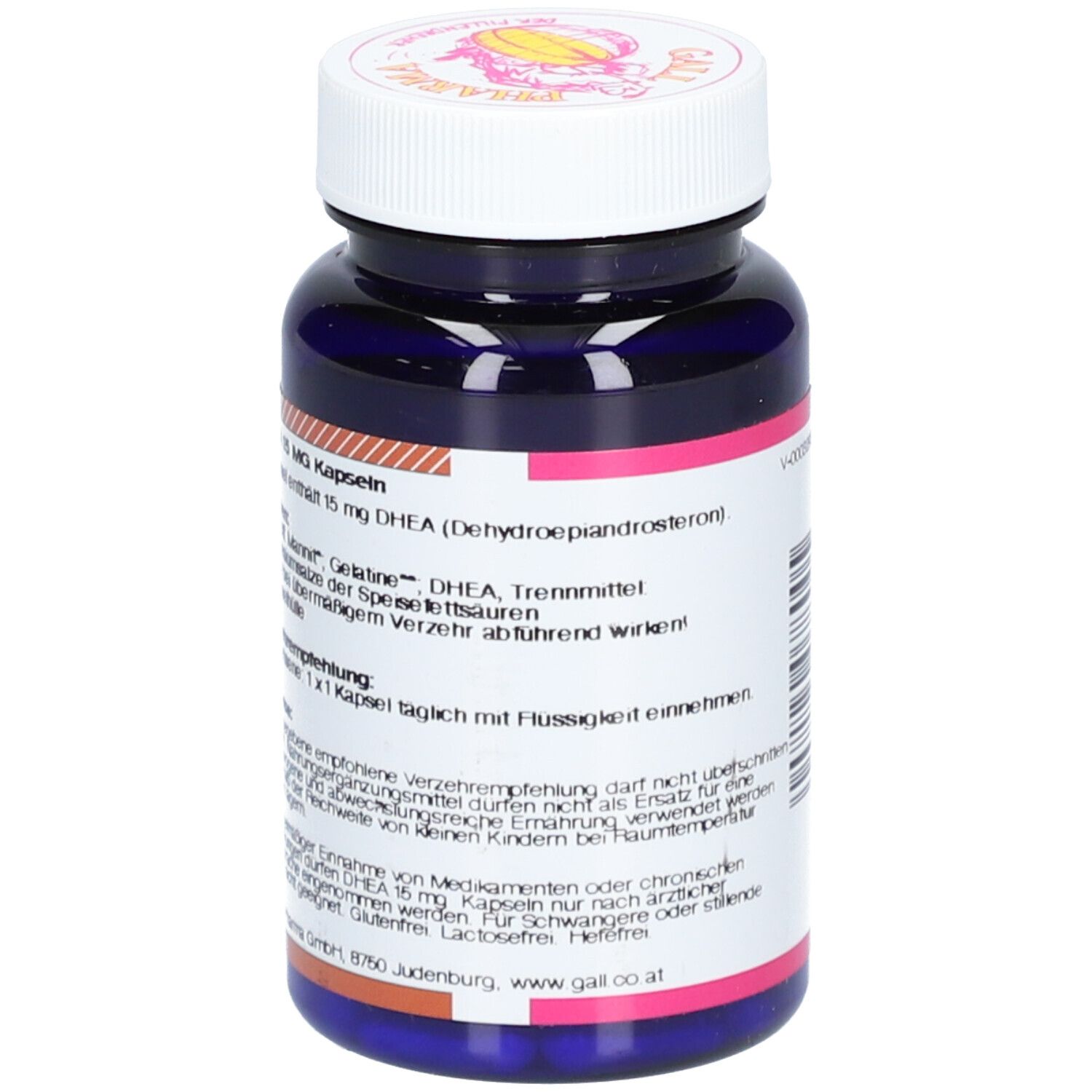 DHEA 15 mg Kapseln Flasche. Detailinformationen und Inhaltsstoffe. Marke Gall Pharma.