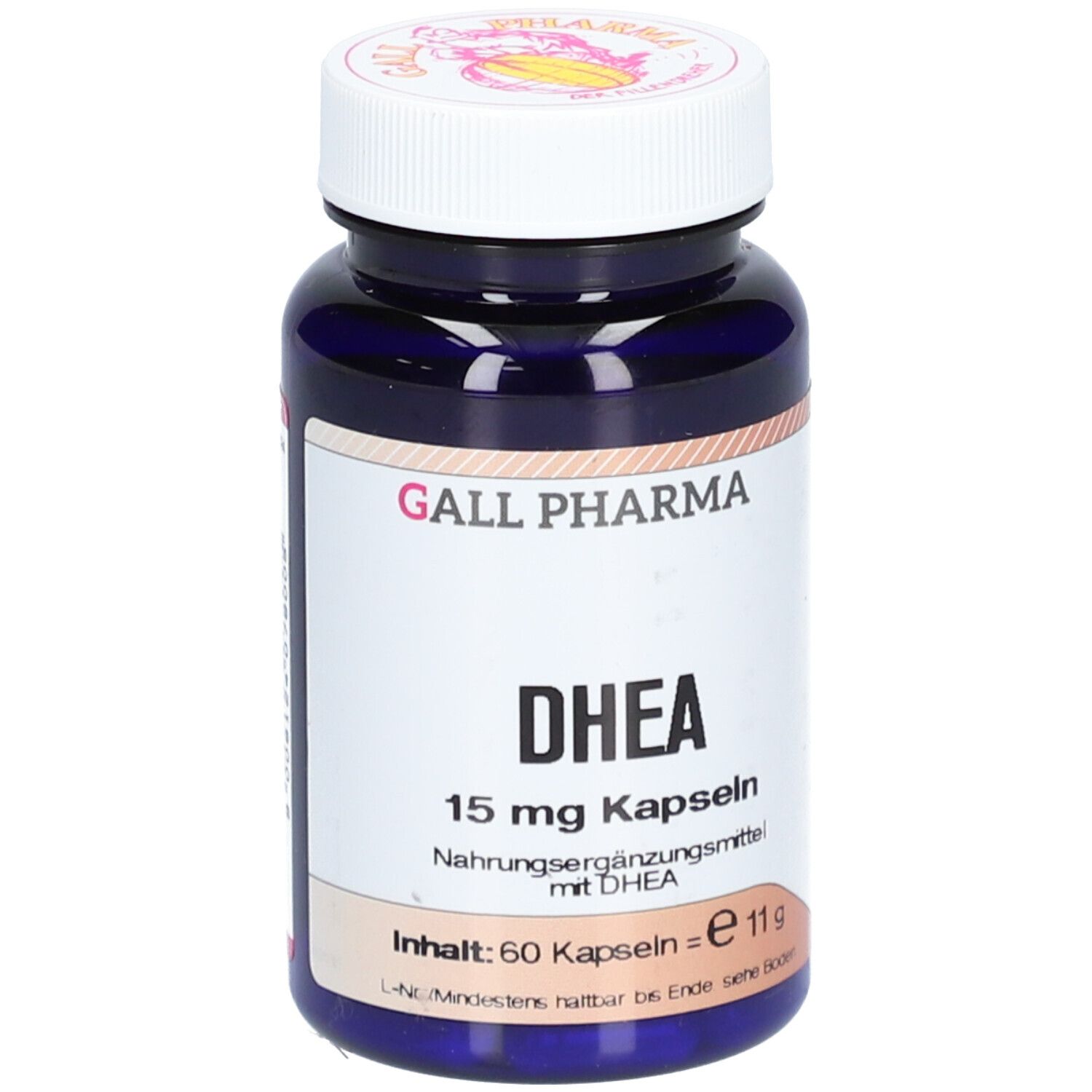 DHEA 15 mg Kapseln von Gall Pharma. Blaue Flasche mit weißem Deckel. Aufschrift DHEA und 15 mg.