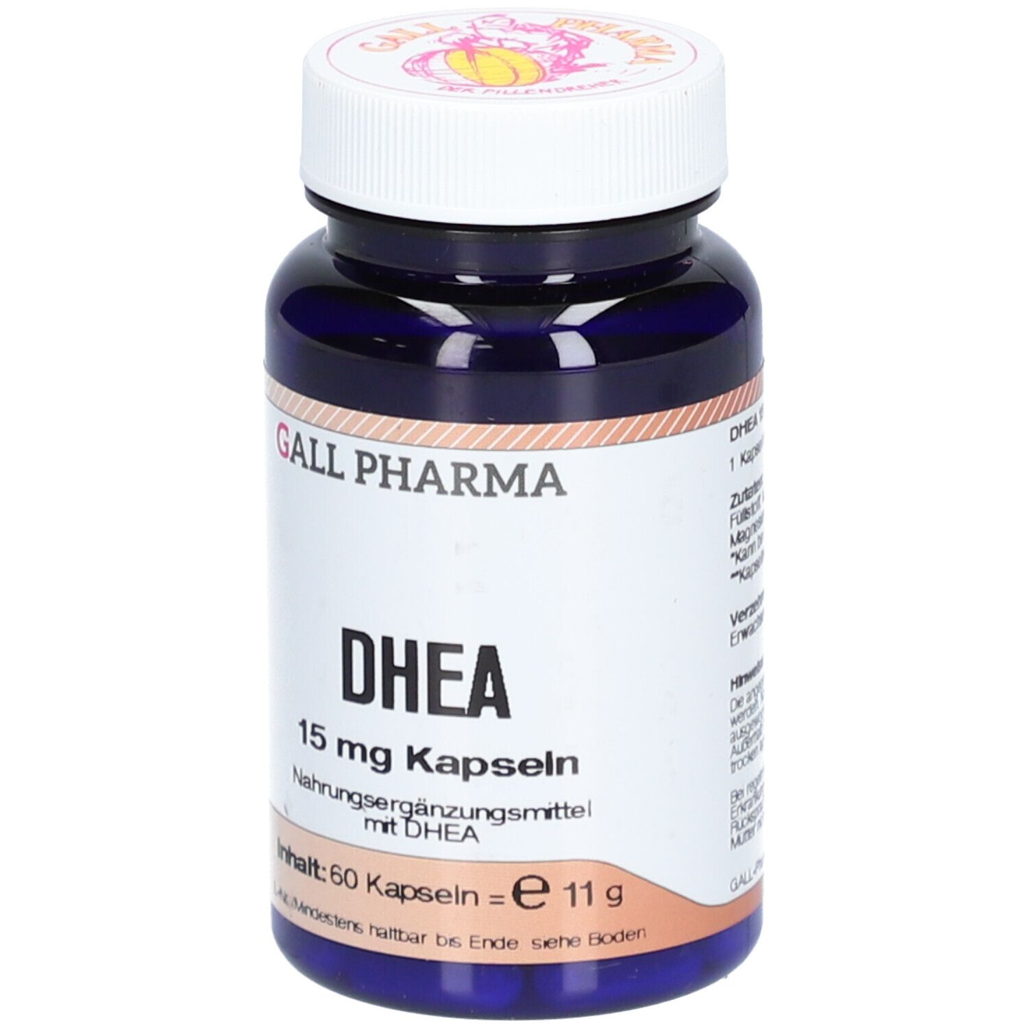 DHEA 15 mg Kapseln von Gall Pharma. Blaue Flasche mit weißem Deckel. Aufschrift DHEA und 15 mg.