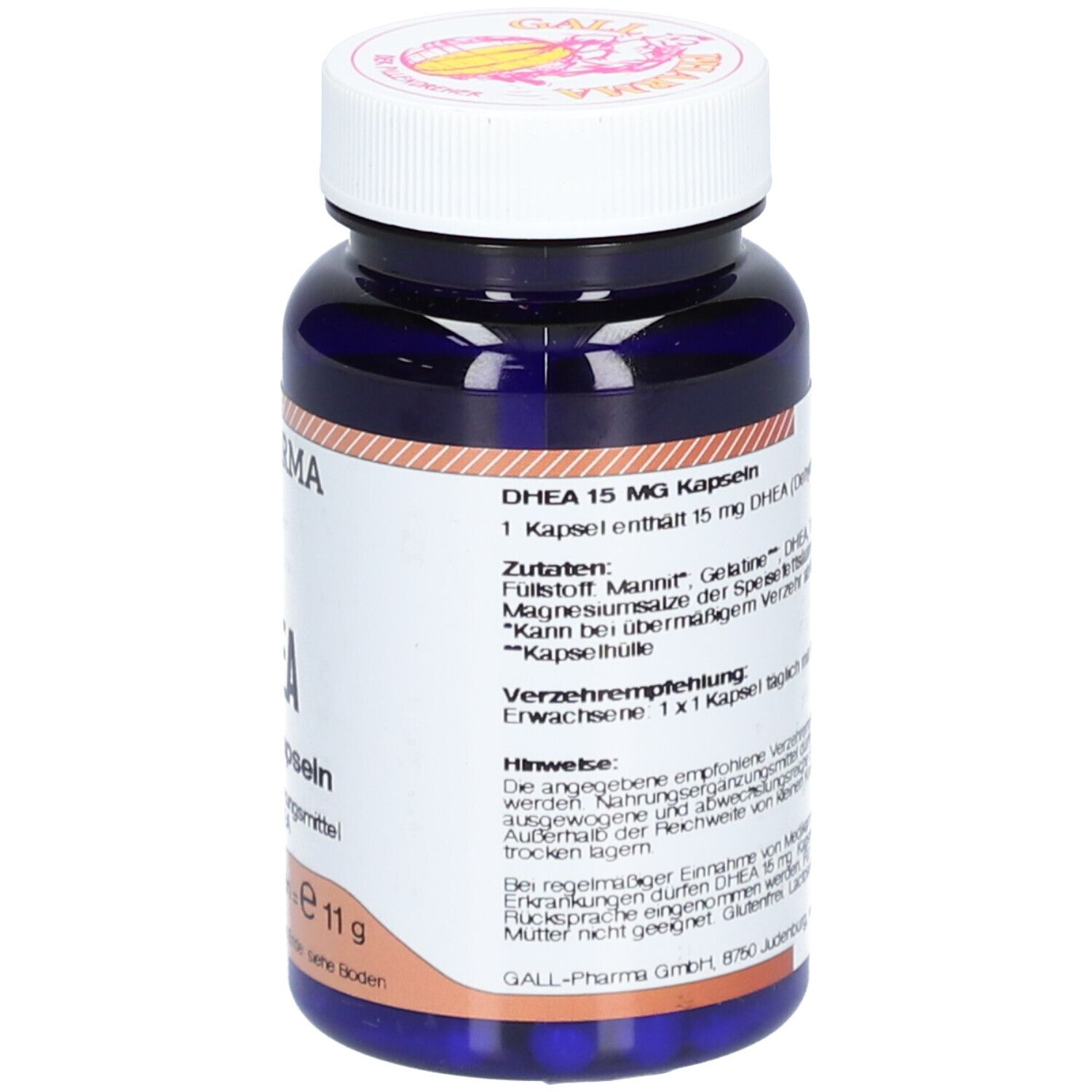 DHEA 15 mg Kapseln Flasche. Detailinformationen und Inhaltsstoffe. Marke Gall Pharma.
