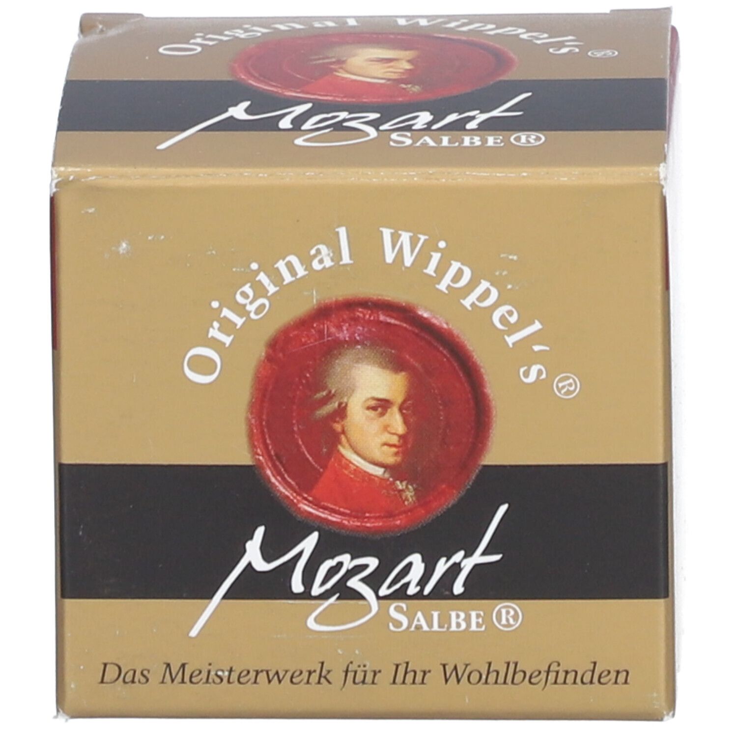 Karton mit Aufschrift: Original Wippel's Mozart Salbe. Abbildung von Mozart.