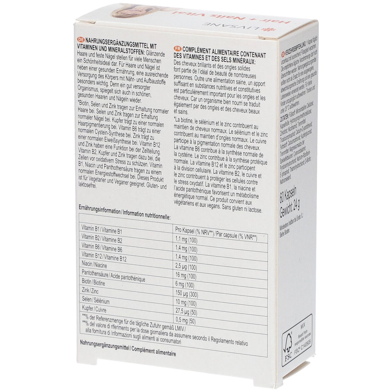 Weißer Karton LIVSANE Hair + Nails Vital. Enthält Informationen zu Vitaminen und Mineralstoffen. 60 Kapseln, 24g. FSC-Siegel.