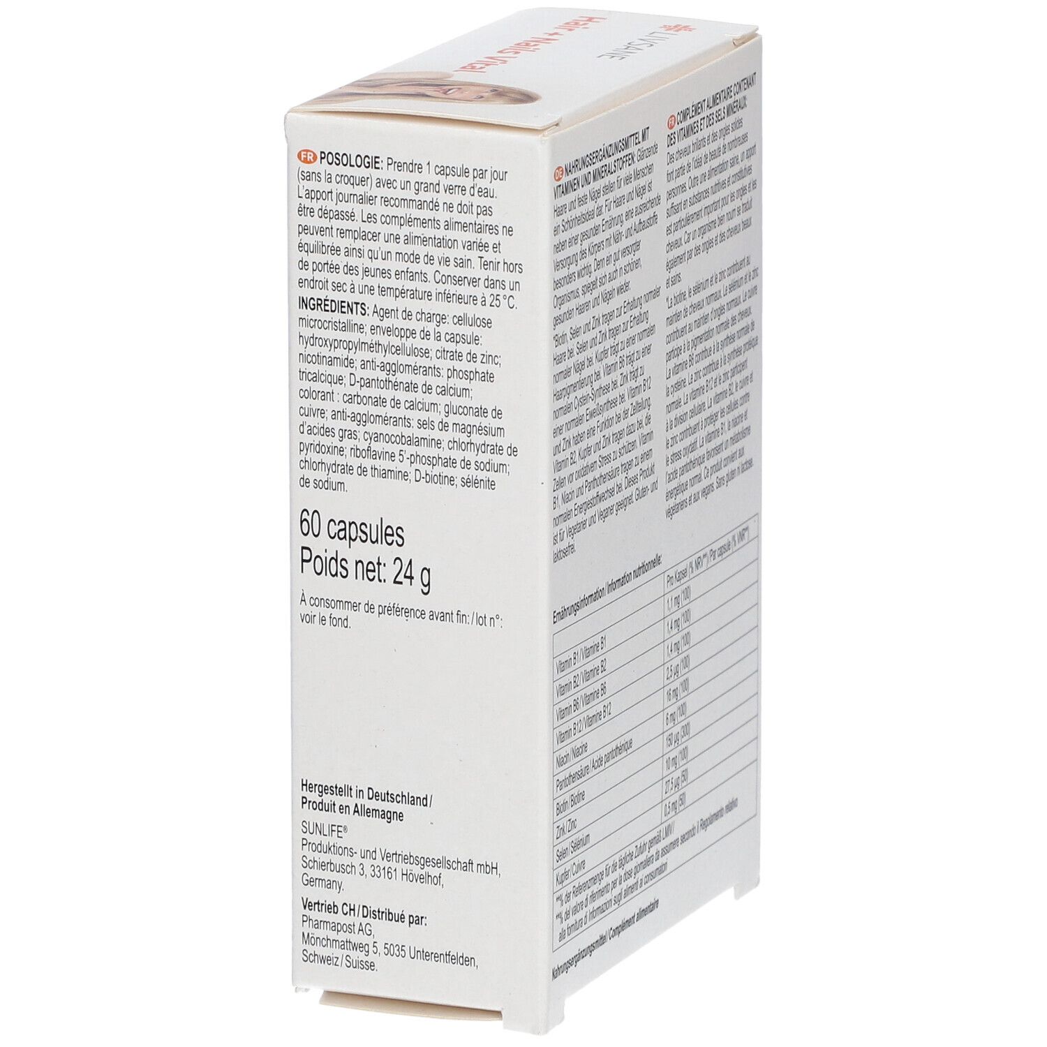 Weißer Karton LIVSANE Hair + Nails Vital. Enthält Informationen zur Dosierung und Inhaltsstoffe. 60 Kapseln, 24g. FSC-Siegel.