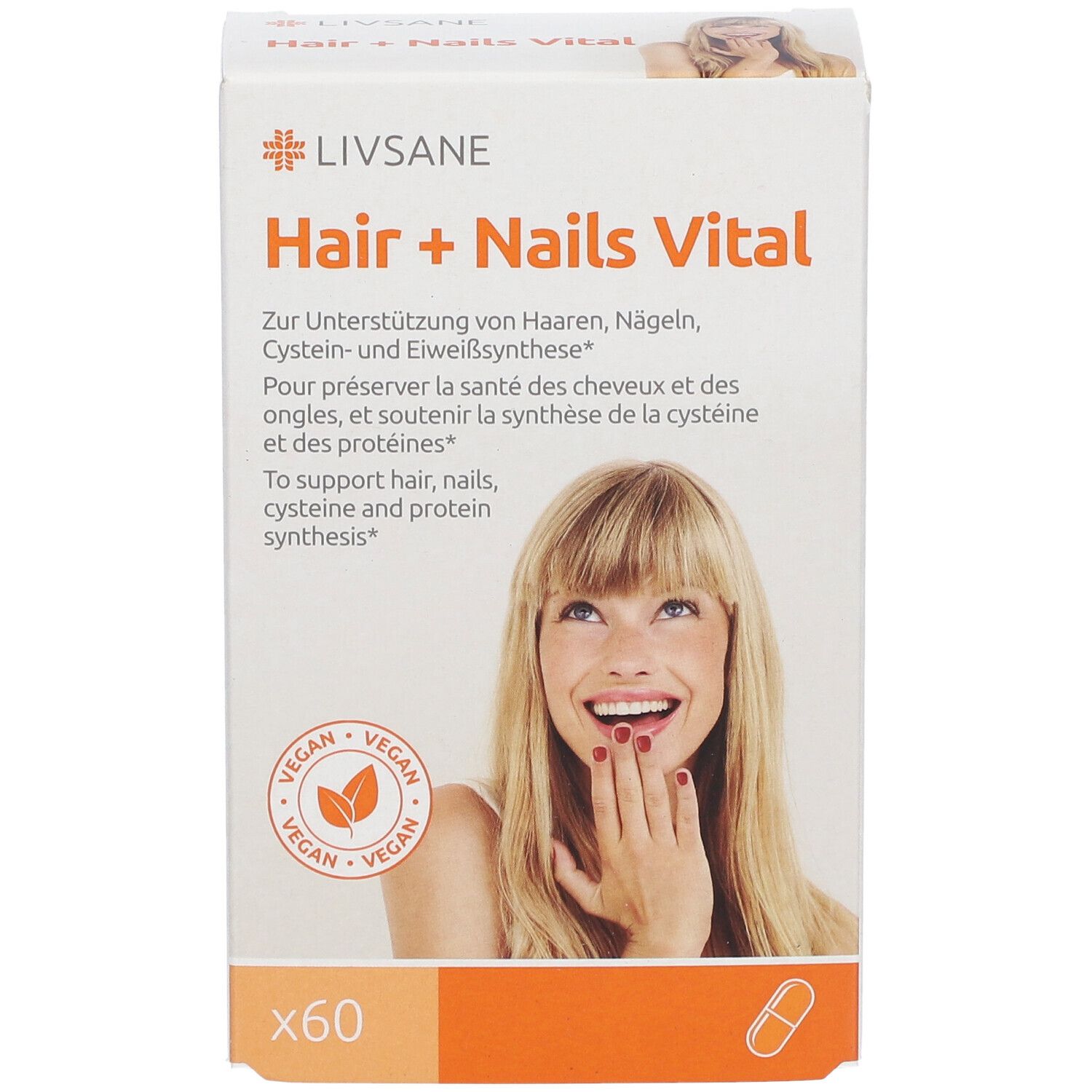 Weißer Karton LIVSANE Hair + Nails Vital. Enthält 60 Kapseln. Vegan-Siegel. Frau mit langen Haaren und roten Nägeln.