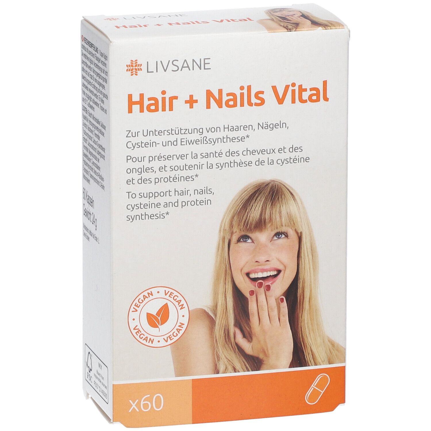 Weißer Karton LIVSANE Hair + Nails Vital. Enthält 60 Kapseln. Vegan-Siegel. Frau mit langen Haaren und roten Nägeln.