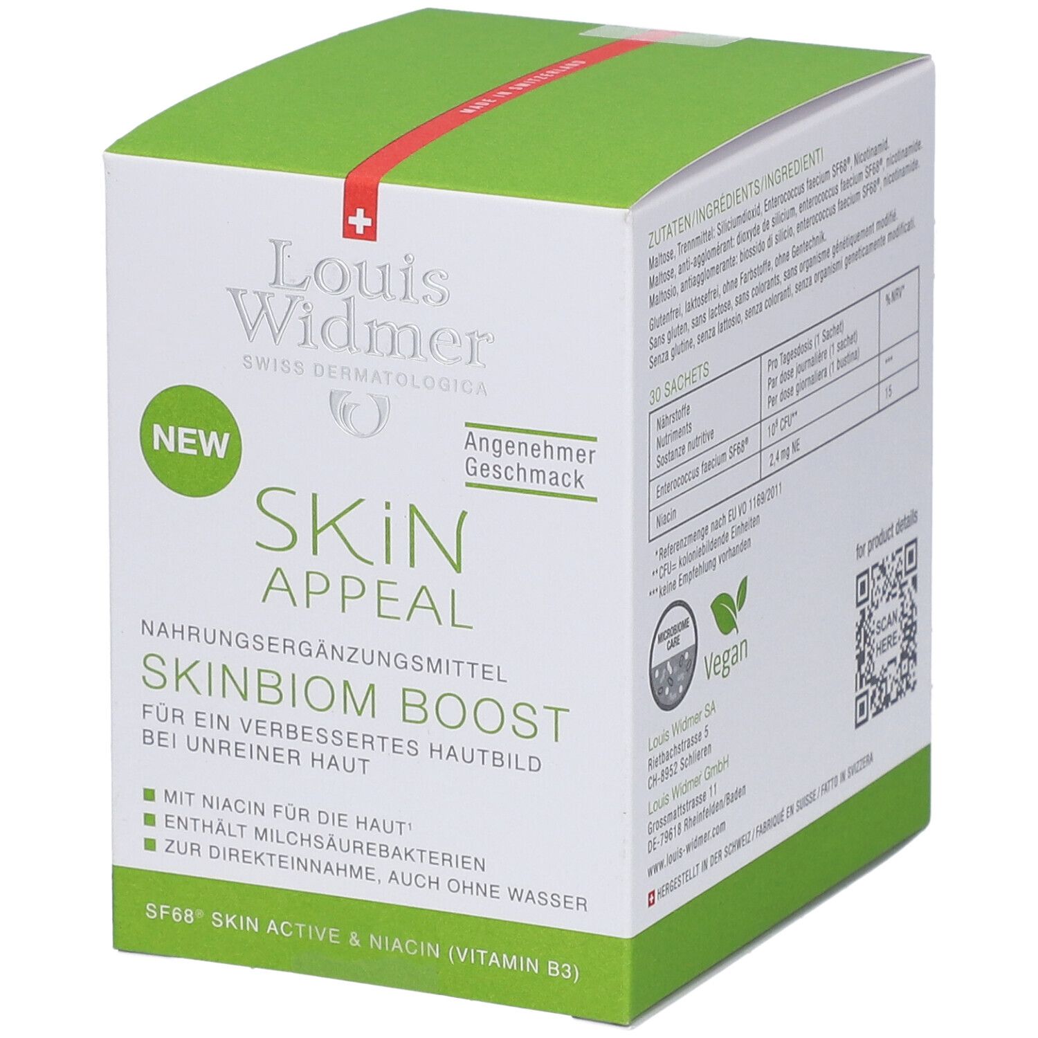 Grüne und weiße Schachtel mit Louis Widmer Logo und Skinbiom Boost. Enthält Informationen zu Inhaltsstoffen und Nährwerten. Vegan-Siegel.