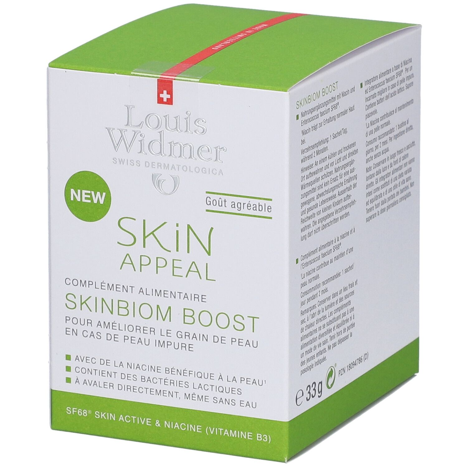 Grüne und weiße Schachtel mit Louis Widmer Skinbiom Boost. Enthält Informationen zu Inhaltsstoffen und Nährwerten. Vegan-Siegel.