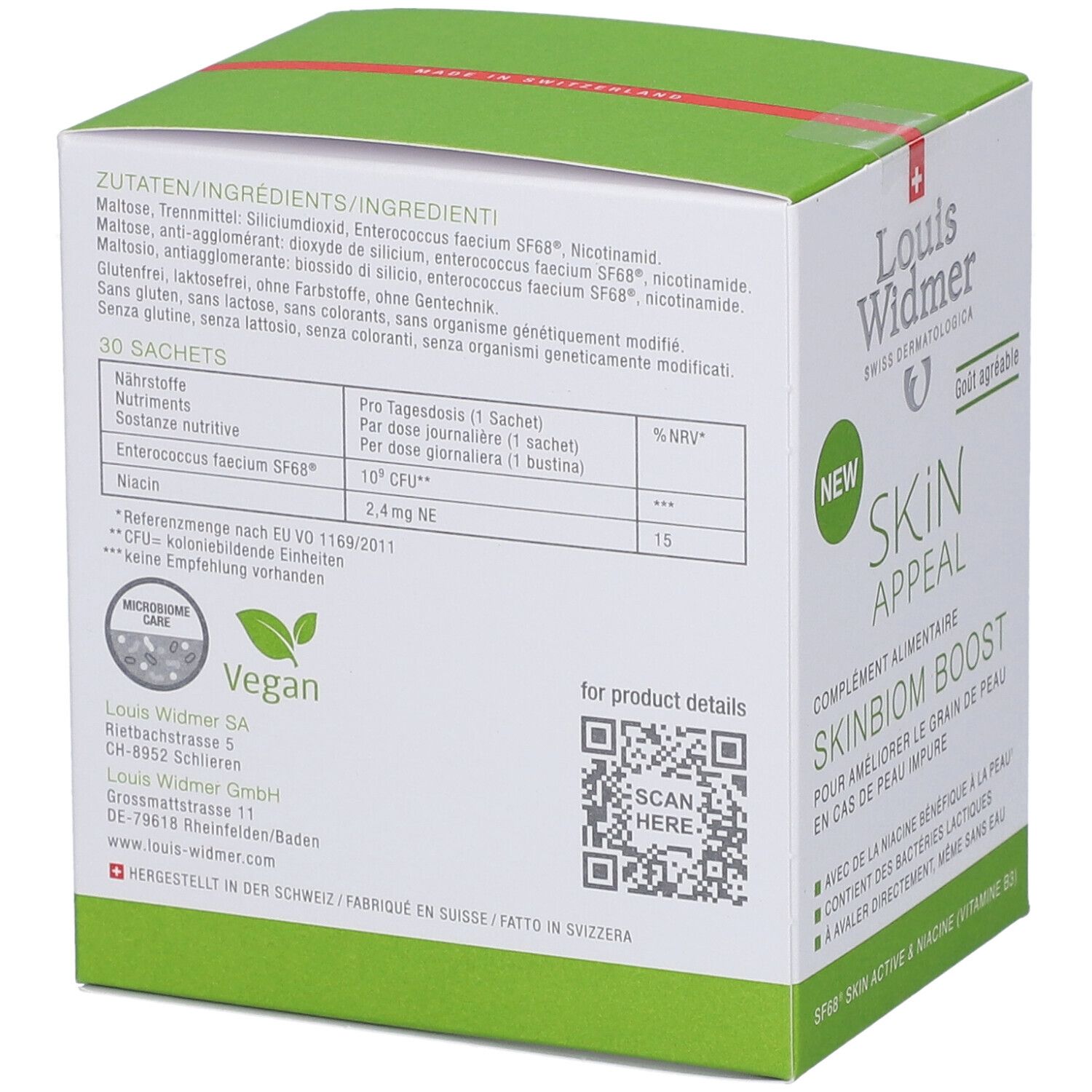 Rückseite der grünen und weißen Schachtel mit Inhaltsstoffen und Nährwertangaben. Vegan-Siegel und QR-Code.