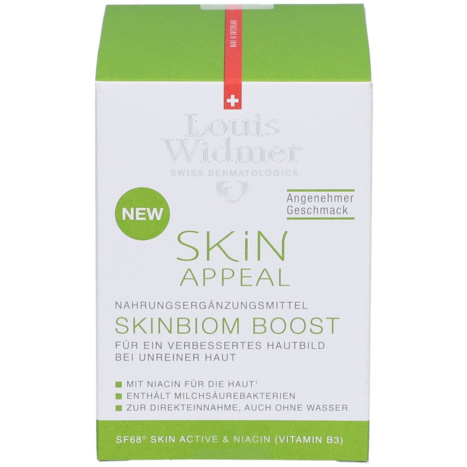 Grüne und weiße Schachtel mit Louis Widmer Skinbiom Boost. Enthält Informationen zu Inhaltsstoffen und Nährwerten. Vegan-Siegel.
