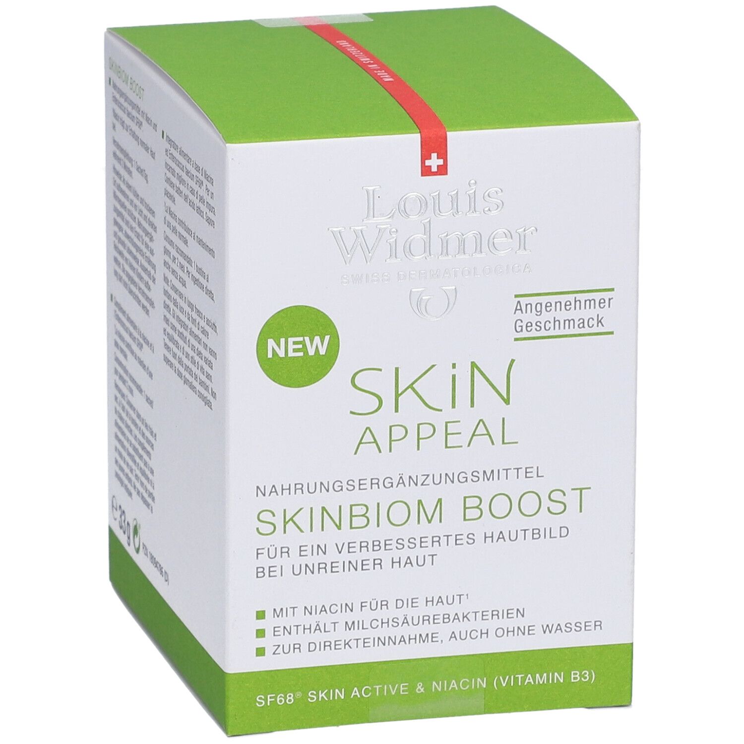 Grüne und weiße Schachtel mit Louis Widmer Skinbiom Boost. Enthält Informationen zu Inhaltsstoffen und Nährwerten. Vegan-Siegel.