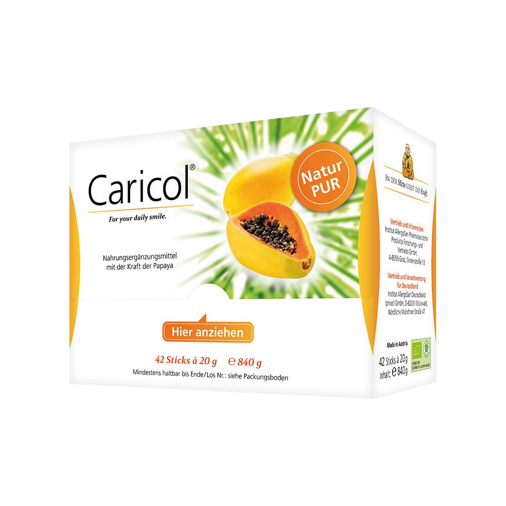 Karton mit Produkt Caricol®. Abbildung einer Papaya. Text: 42 Sticks à 20 g. Natur PUR. Nahrungsergänzungsmittel mit Papaya.