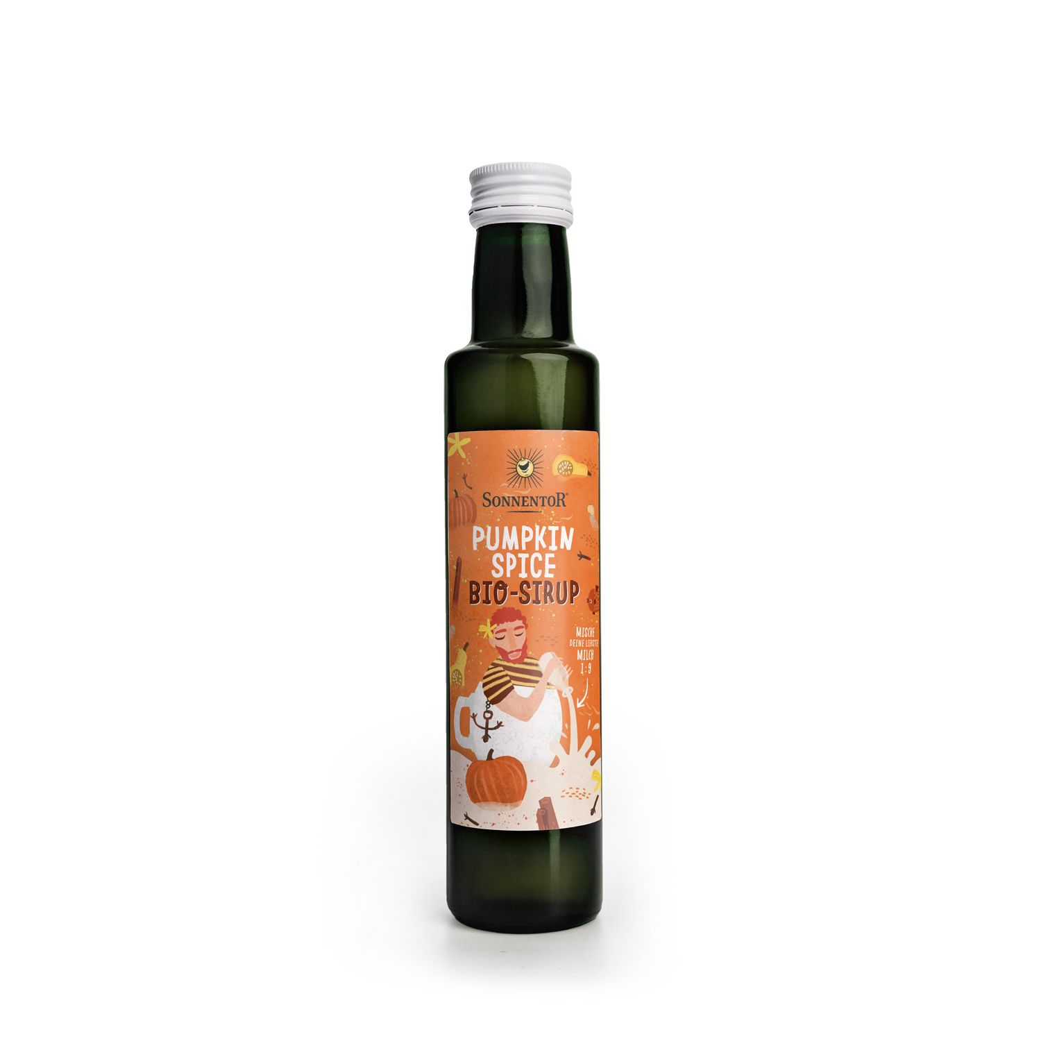Grüne Glasflasche mit weißem Deckel. Etikett mit "Pumpkin Spice BIO-Sirup" und Illustrationen.