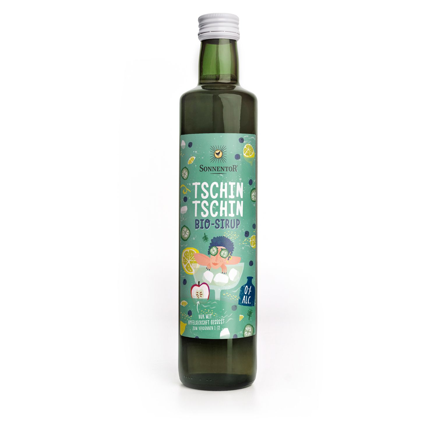 Grüne Glasflasche mit weißem Deckel. Aufkleber mit Produktnamen und Illustration. Bio-Sirup.