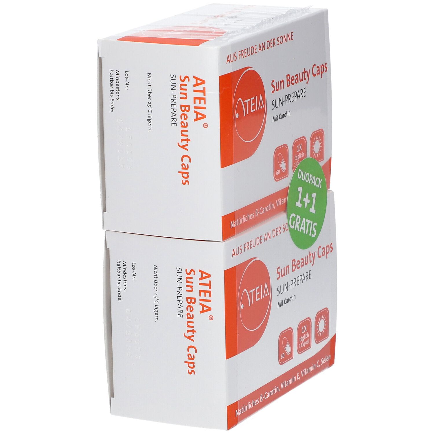 Zwei gestapelte Kartons ATEIA Sun Beauty Caps. Duo-Pack mit 1+1 Gratis-Aufkleber. Weiße und orangefarbene Verpackung.