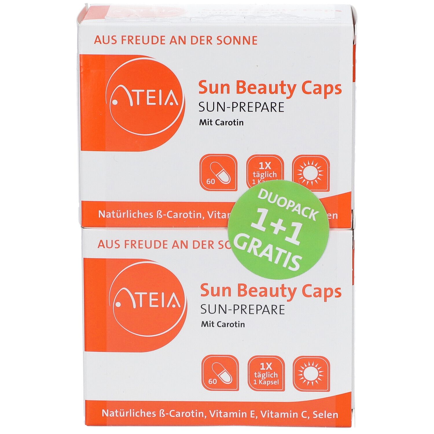 Zwei Kartons ATEIA Sun Beauty Caps. Duo-Pack mit 1+1 Gratis-Aufkleber. Enthält 60 Kapseln. Einnahme: 1 Kapsel täglich.