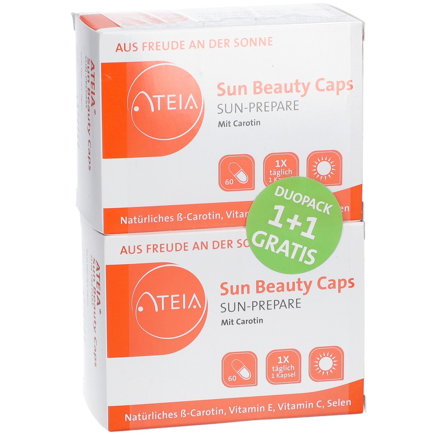 Zwei Kartons ATEIA Sun Beauty Caps. Duo-Pack mit 1+1 Gratis-Aufkleber. Enthält 60 Kapseln. Einnahme: 1 Kapsel täglich.