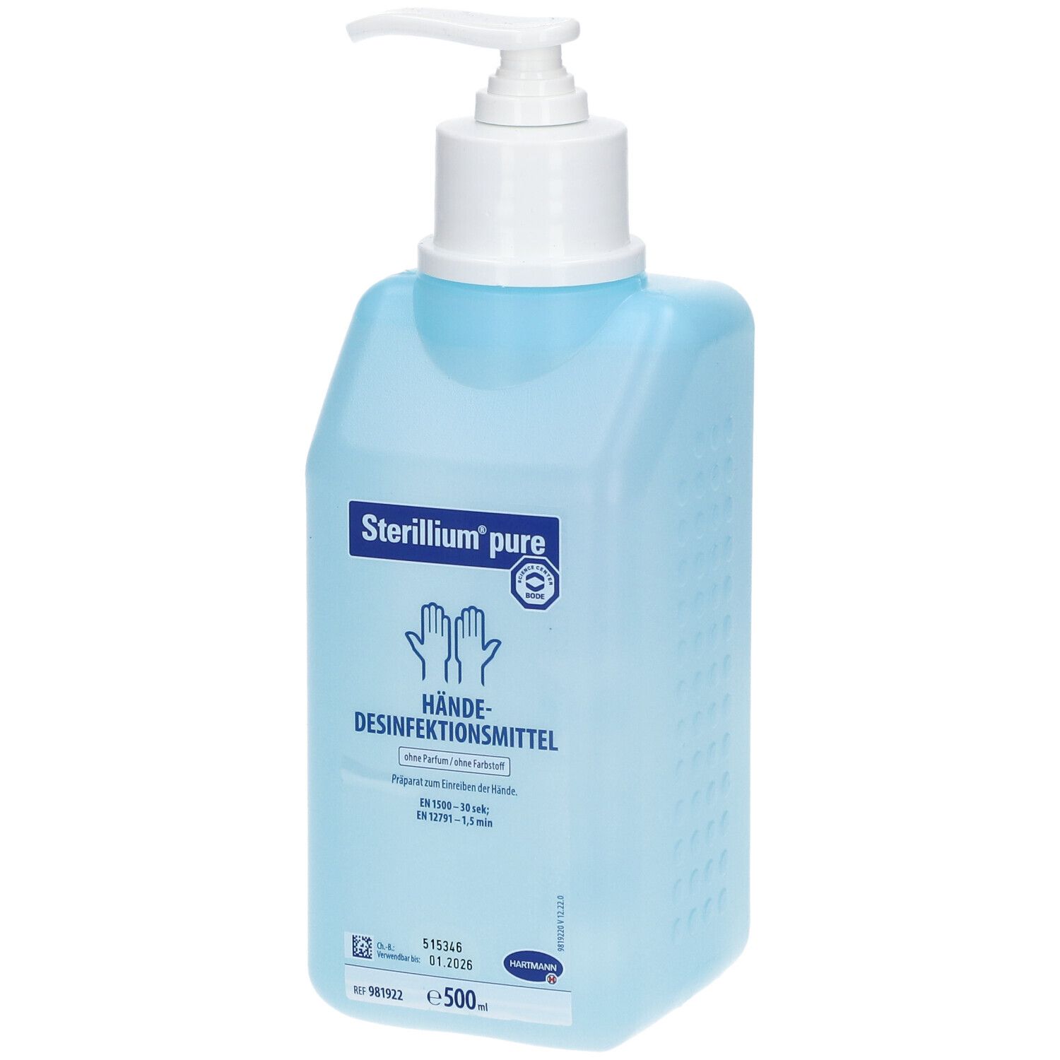 Blau-transparente Flasche mit weißem Pumpkopf. Aufschrift: Sterillium pure, Hände-Desinfektionsmittel. Mit zwei Händen als Symbol.