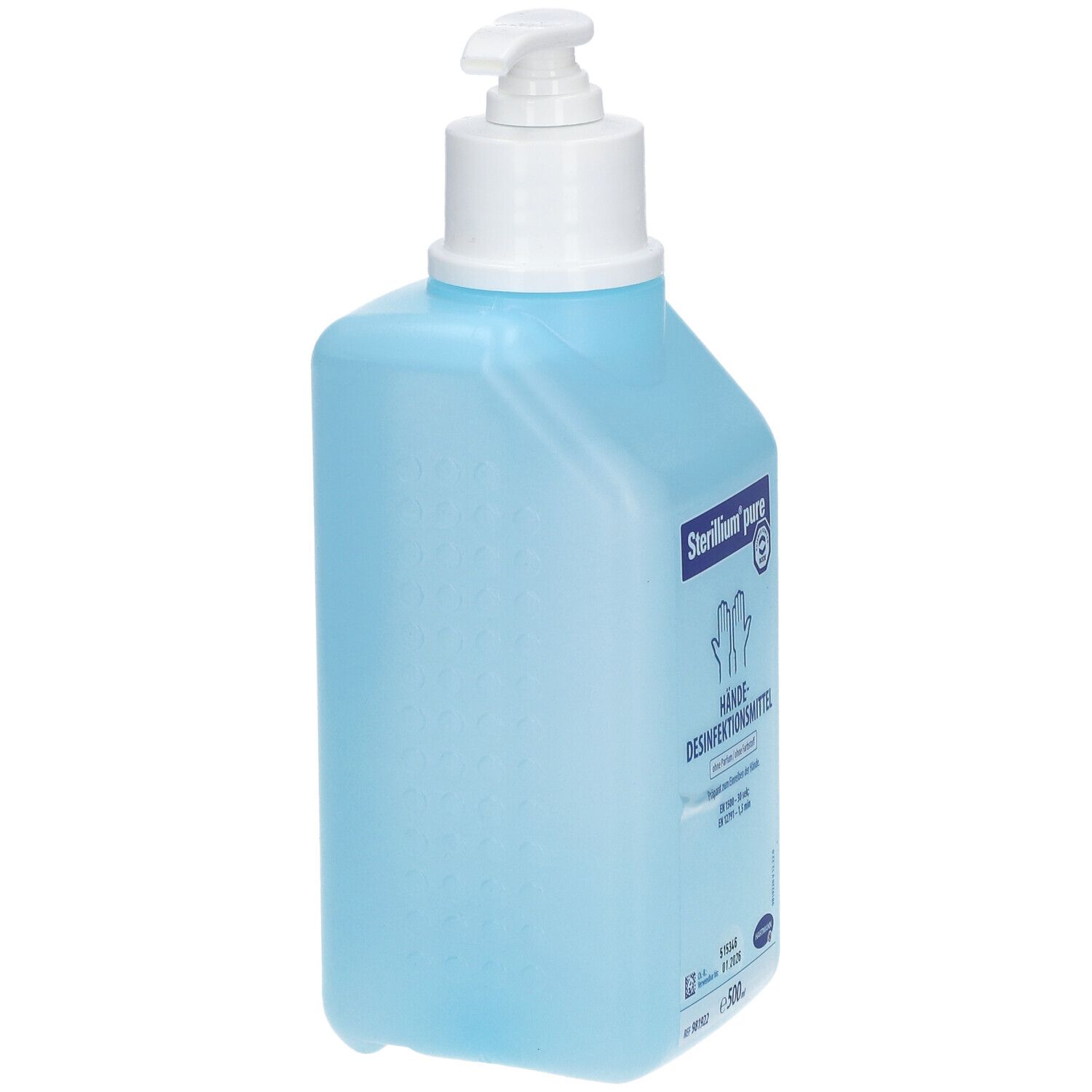 Blau-transparente Flasche mit weißem Pumpkopf. Aufschrift: Sterillium pure, Hände-Desinfektionsmittel. Mit zwei Händen als Symbol.