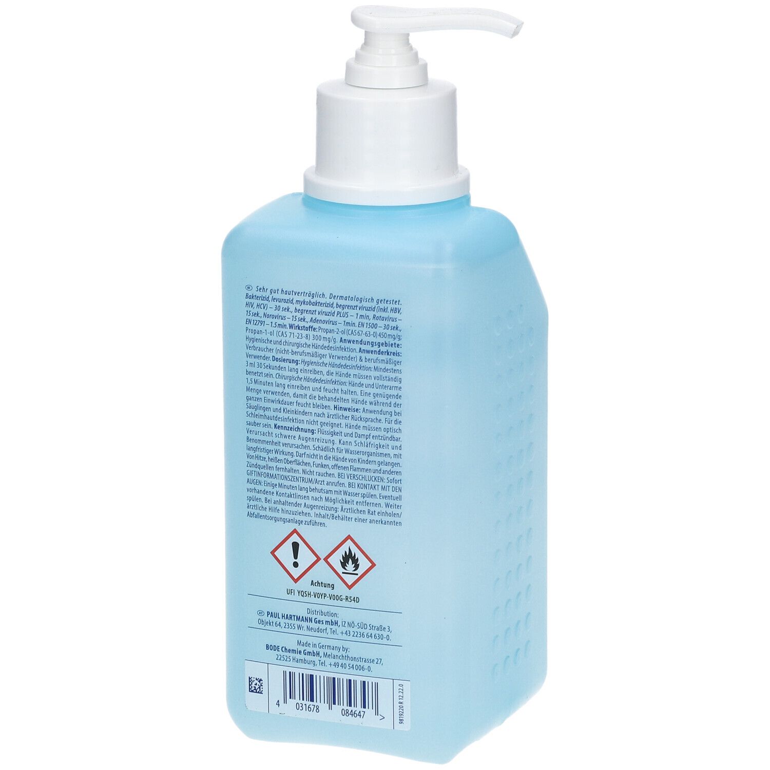 Rückseite einer blau-transparenten Flasche mit weißem Pumpkopf. Text und Warnhinweise. Aufschrift: Sterillium pure. Gefahrensymbole.