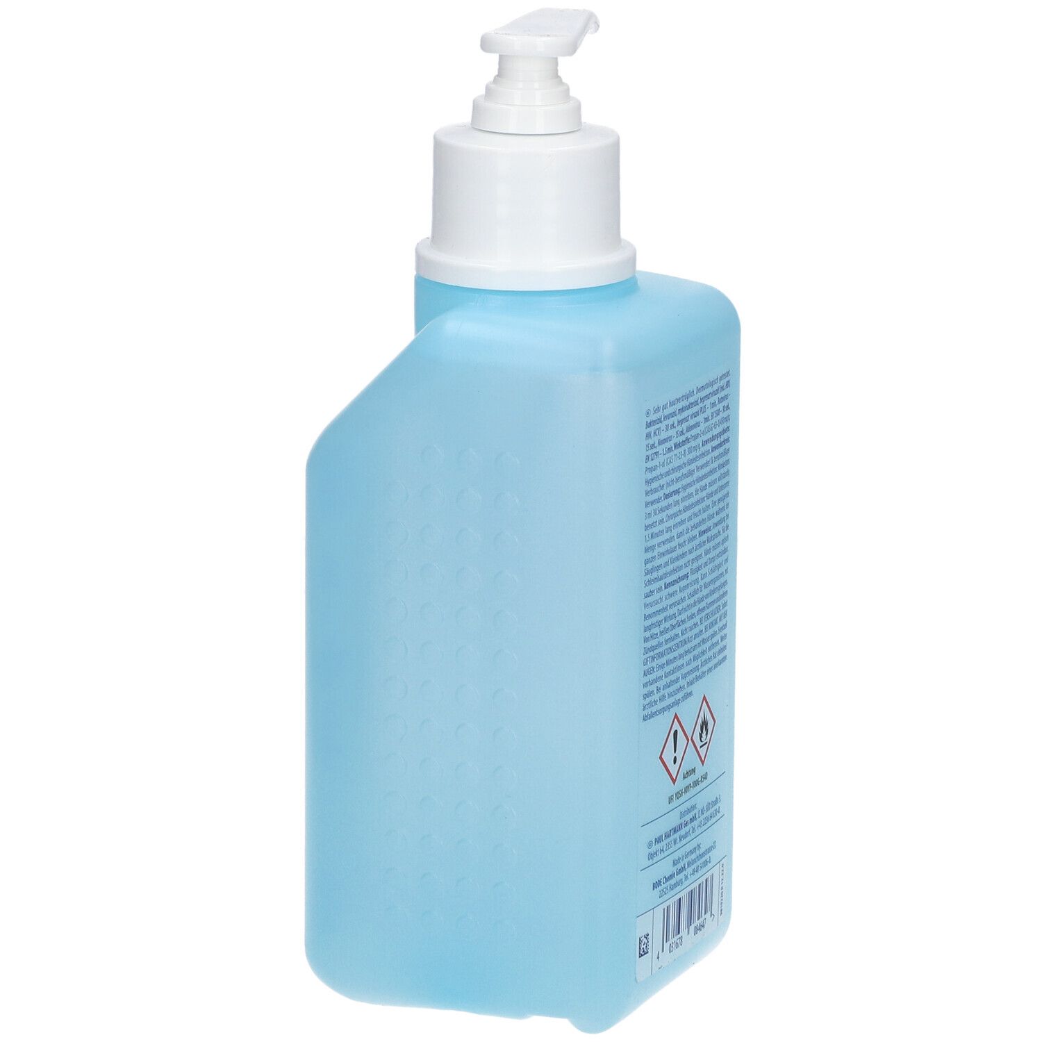 Blau-transparente Flasche mit weißem Pumpkopf. Rückseite mit Text und Warnhinweisen. Aufschrift: Sterillium pure. Gefahrensymbole.