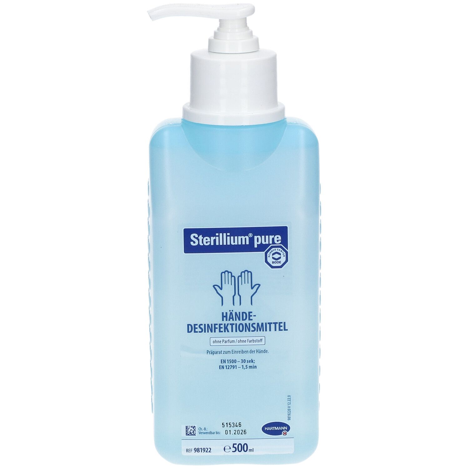Blau-transparente Flasche mit weißem Pumpkopf. Aufschrift: Sterillium pure, Hände-Desinfektionsmittel. Mit zwei Händen als Symbol.
