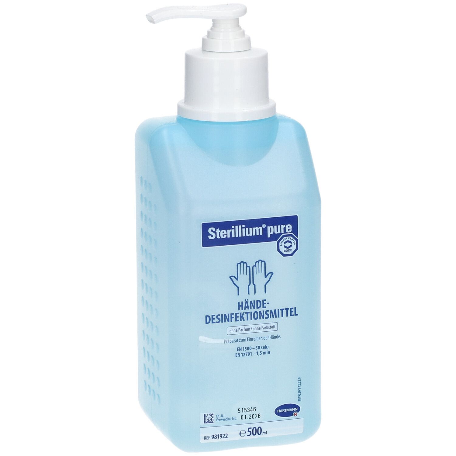 Blau-transparente Flasche mit weißem Pumpkopf. Aufschrift: Sterillium pure, Hände-Desinfektionsmittel. Mit zwei Händen als Symbol.