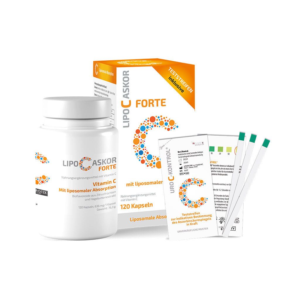 Weiße Flasche und Karton von LIPO-C-ASKOR Forte. Enthält Kapseln, Teststreifen. Orangefarbene und blaue Akzente.