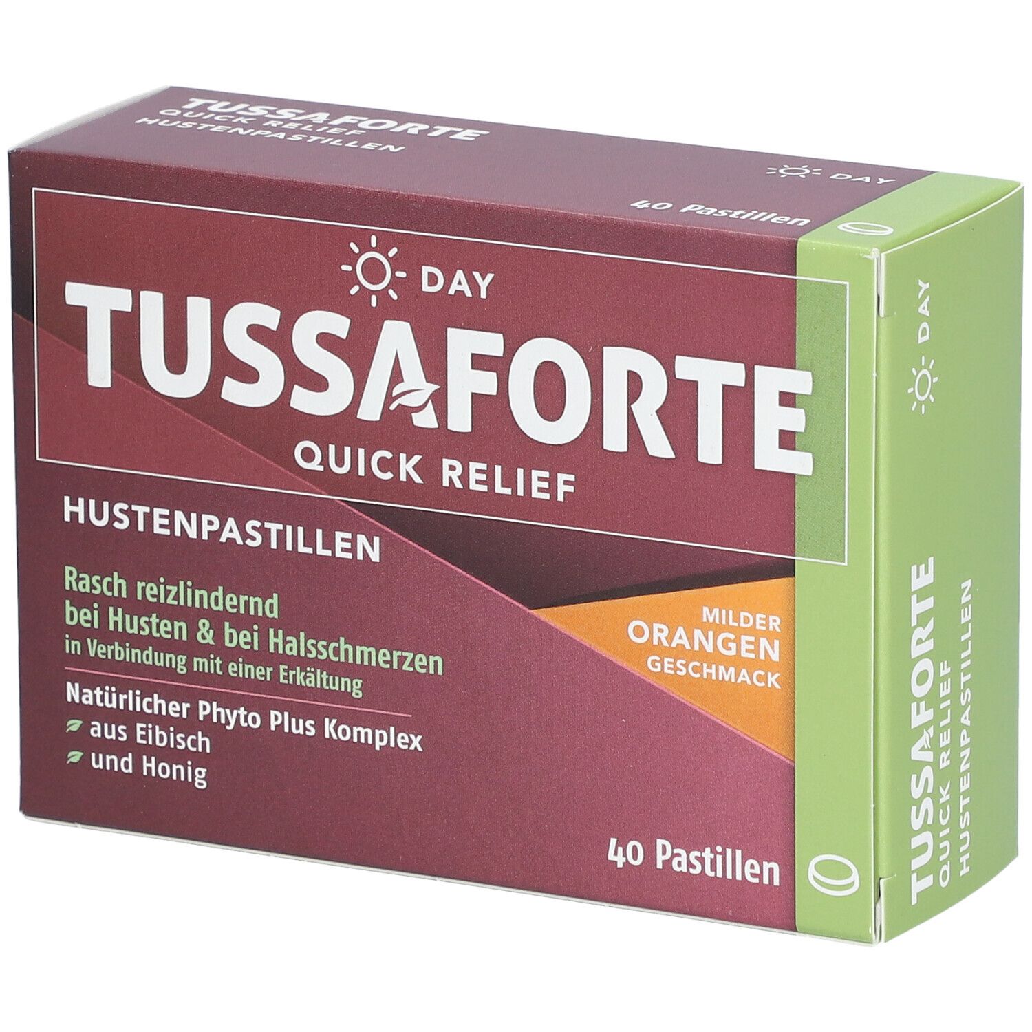 TUSSAFORTE Day Quick Relief Hustenpastillen-Packung. Haupttext: TUSSAFORTE, Quick Relief, Hustenpastillen. 40 Pastillen. Orangen Geschmack.