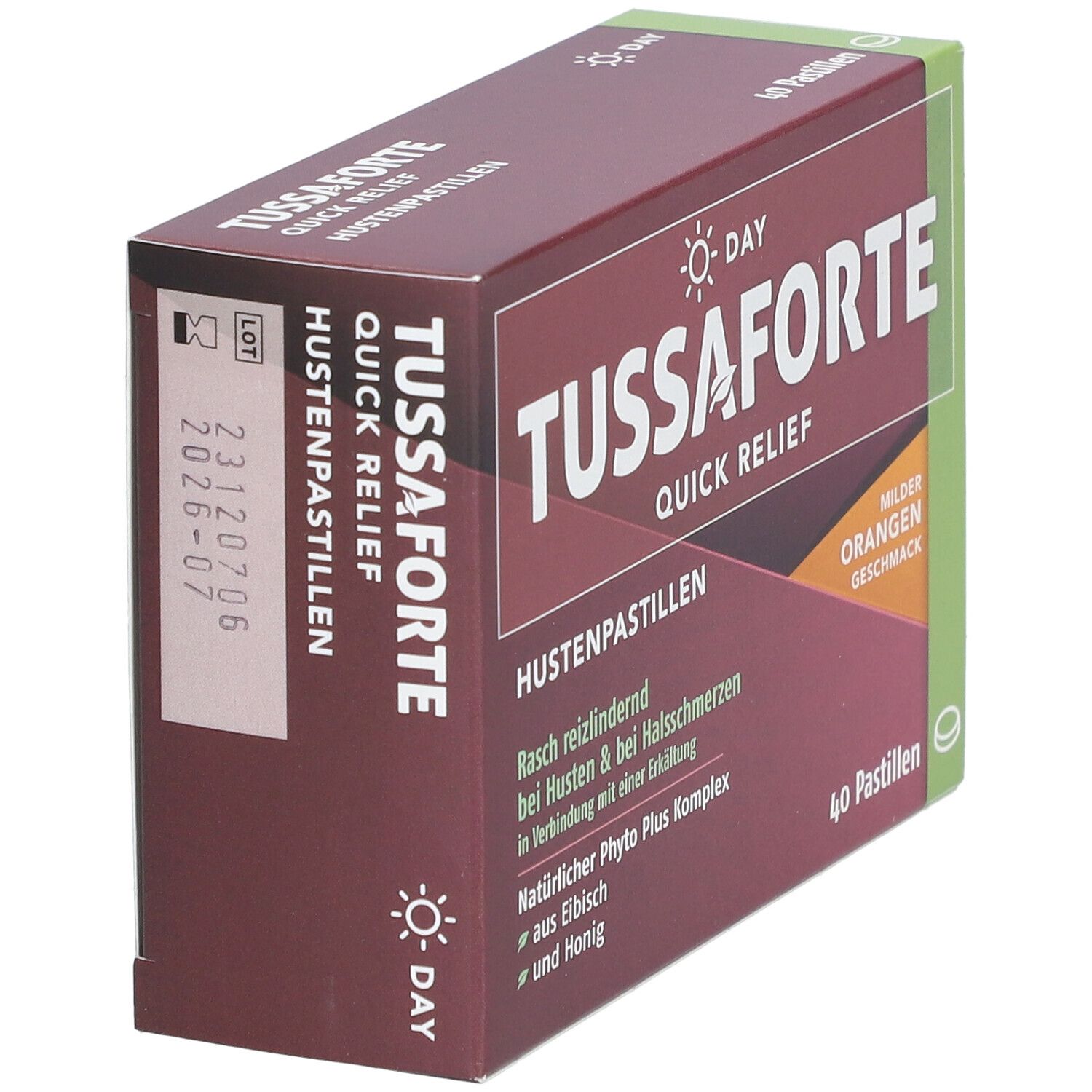 TUSSAFORTE Day Quick Relief Hustenpastillen-Packung. Text: TUSSAFORTE, Quick Relief, Hustenpastillen. 40 Pastillen. MHD 2026-07. Aufdruck: Apothekenexklusiv.