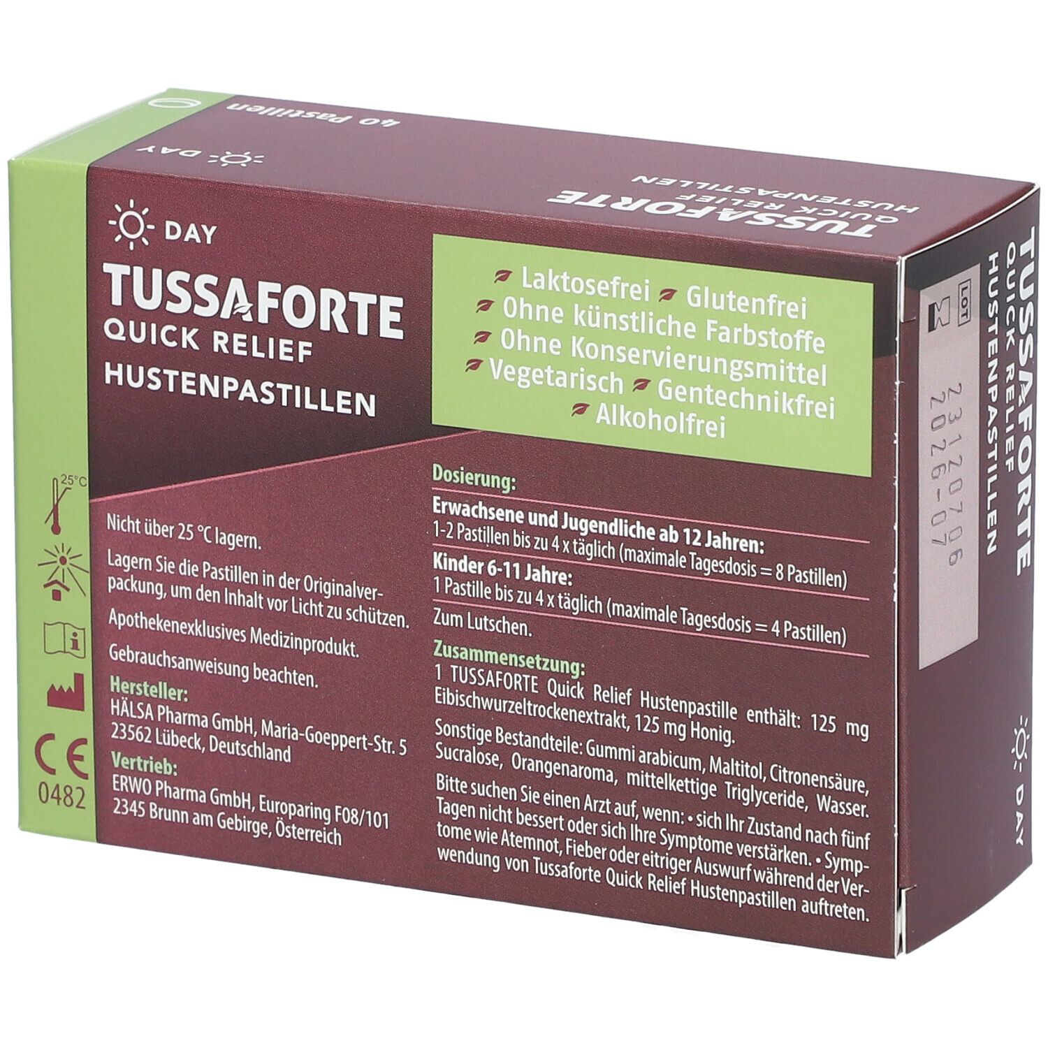 TUSSAFORTE Day Quick Relief Hustenpastillen-Packung. Text: TUSSAFORTE, Quick Relief, Hustenpastillen. Inhaltsstoffe, Dosierung. CE-Kennzeichnung.
