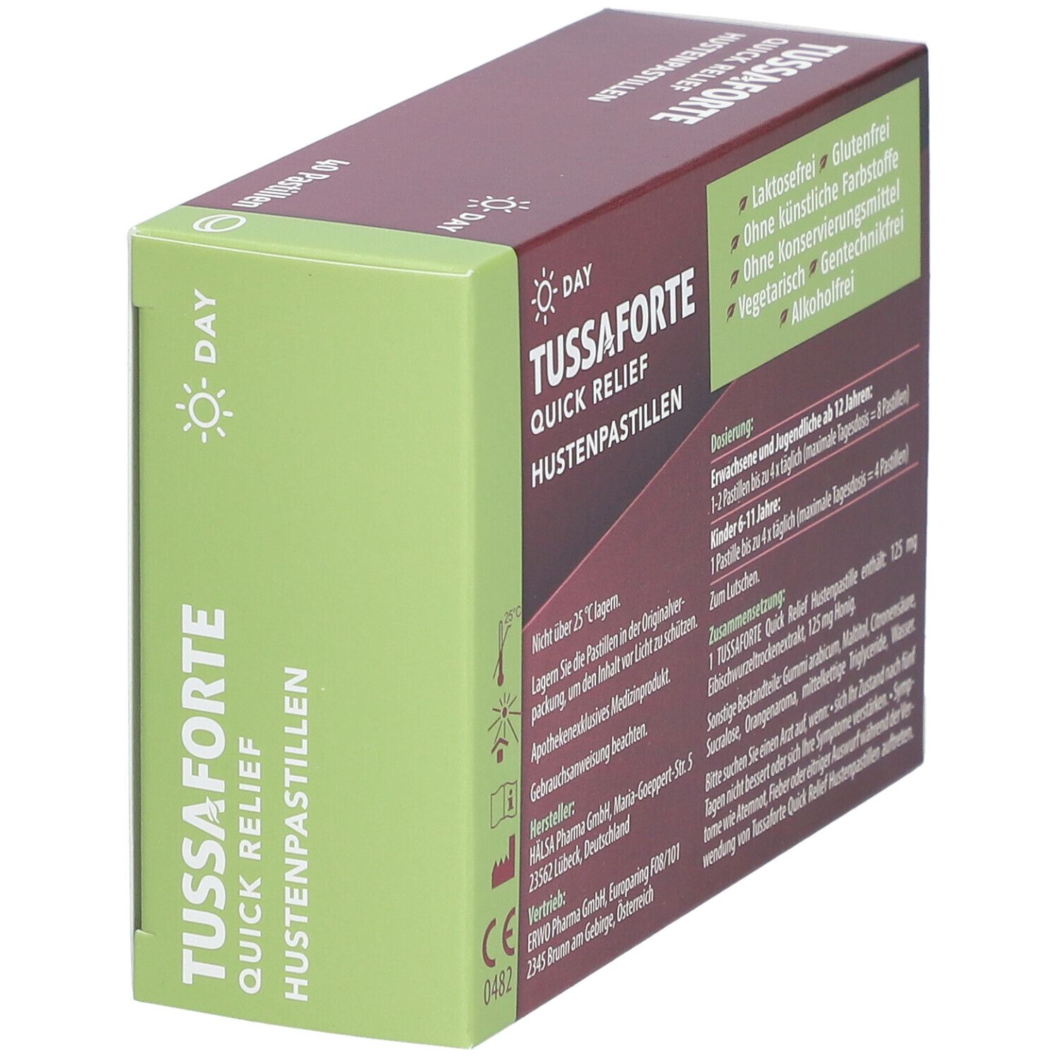 TUSSAFORTE Day Quick Relief Hustenpastillen-Packung. Text: TUSSAFORTE, Quick Relief, Hustenpastillen. Inhaltsstoffe, Dosierung. CE-Kennzeichnung.