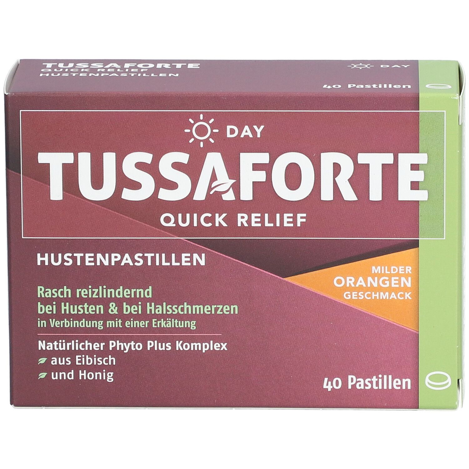 TUSSAFORTE Day Quick Relief Hustenpastillen-Packung. Haupttext: TUSSAFORTE, Quick Relief, Hustenpastillen. 40 Pastillen. Orangen Geschmack.
