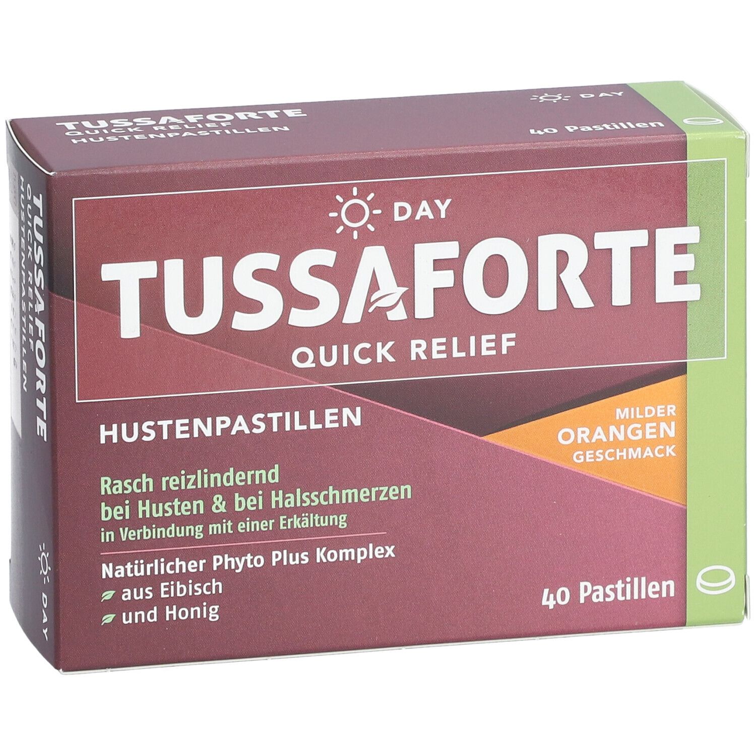 TUSSAFORTE Day Quick Relief Hustenpastillen-Packung. Haupttext: TUSSAFORTE, Quick Relief, Hustenpastillen. 40 Pastillen. Orangen Geschmack.