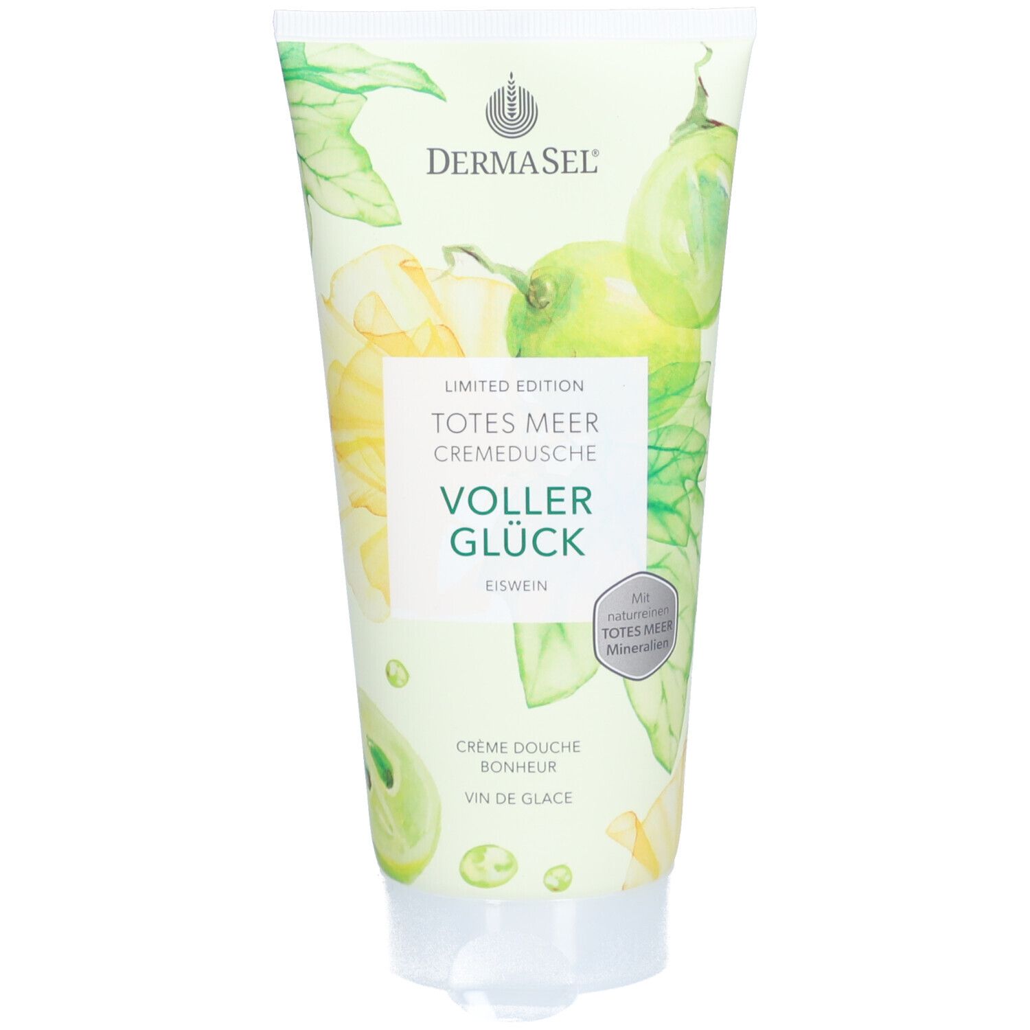 Creme-Dusche-Tube mit floralem Design. Aufschrift: DERMASEL, Totes Meer Cremedusche Voller Glück, Eiswein. Mit Mineralien.