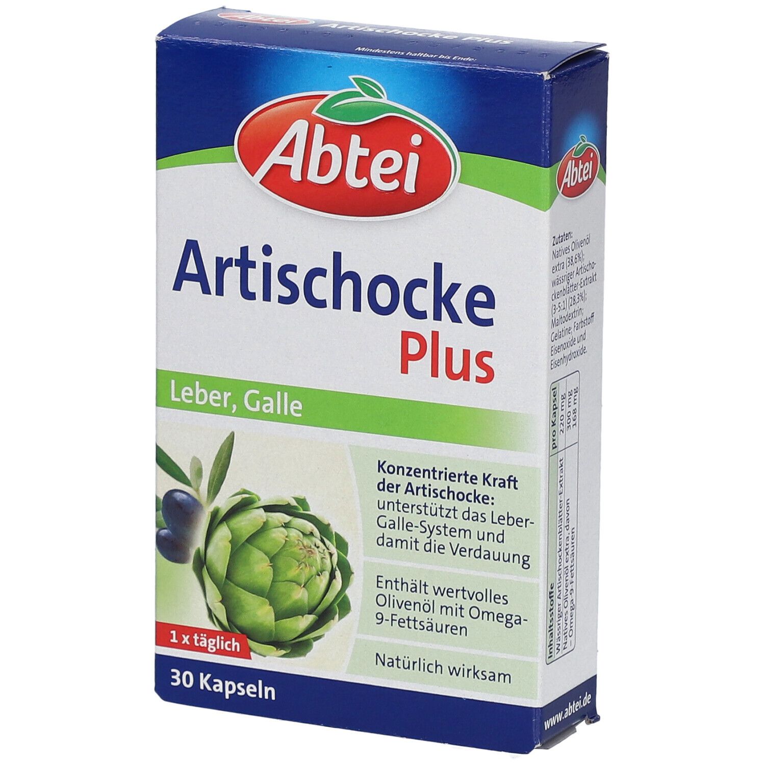 Boîte Abtei Artichaut Plus. Boîte bleue avec nom du produit, illustration d'artichaut et texte. 30 gélules.