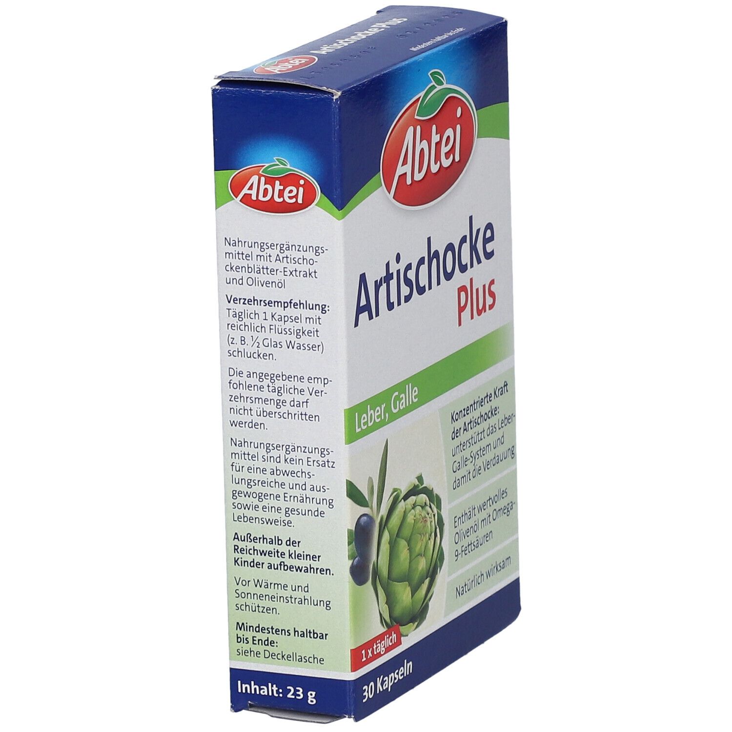 Boîte Abtei Artichaut Plus. Boîte bleue avec nom du produit, illustration d'artichaut et texte. 30 gélules.