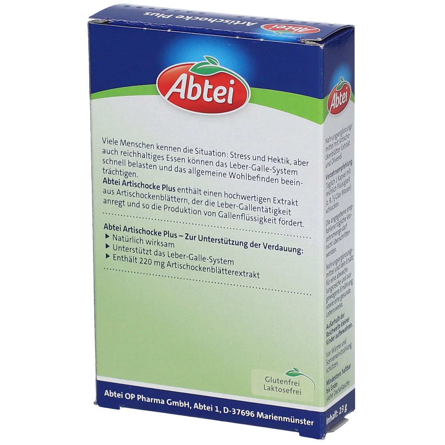 Dos de la boîte Abtei Artichaut Plus. Informations textuelles sur fond bleu. Sans gluten et sans lactose.