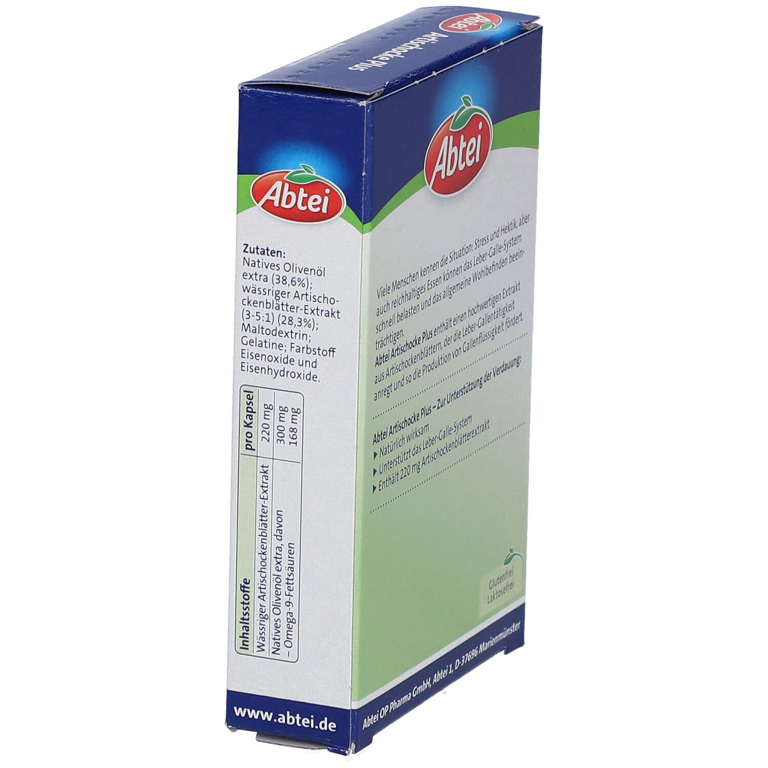 Vue latérale de la boîte Abtei Artichaut Plus. Boîte bleue avec texte et liste d'ingrédients. Informations par gélule.