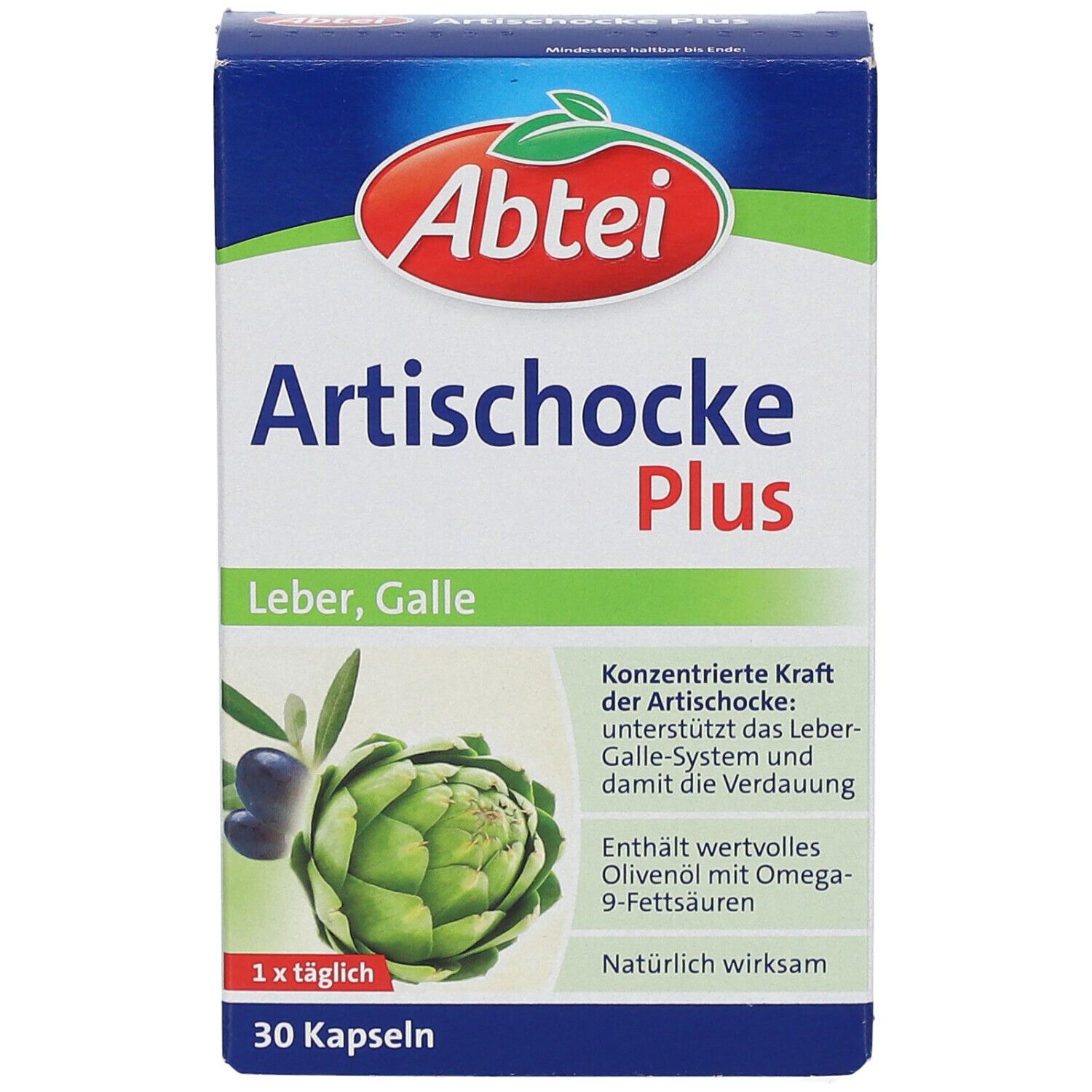 Boîte Abtei Artichaut Plus. Boîte bleue avec nom du produit, illustration d'artichaut et texte. 30 gélules.