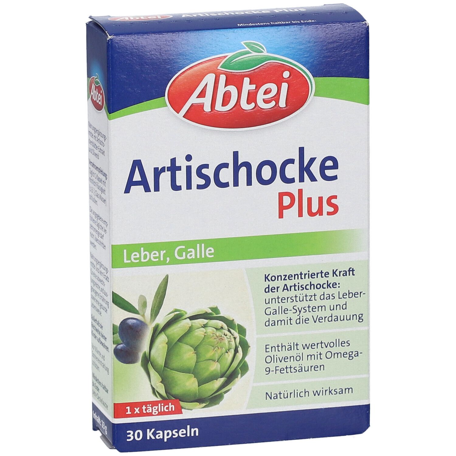 Boîte Abtei Artichaut Plus. Boîte bleue avec nom du produit, illustration d'artichaut et texte. 30 gélules.