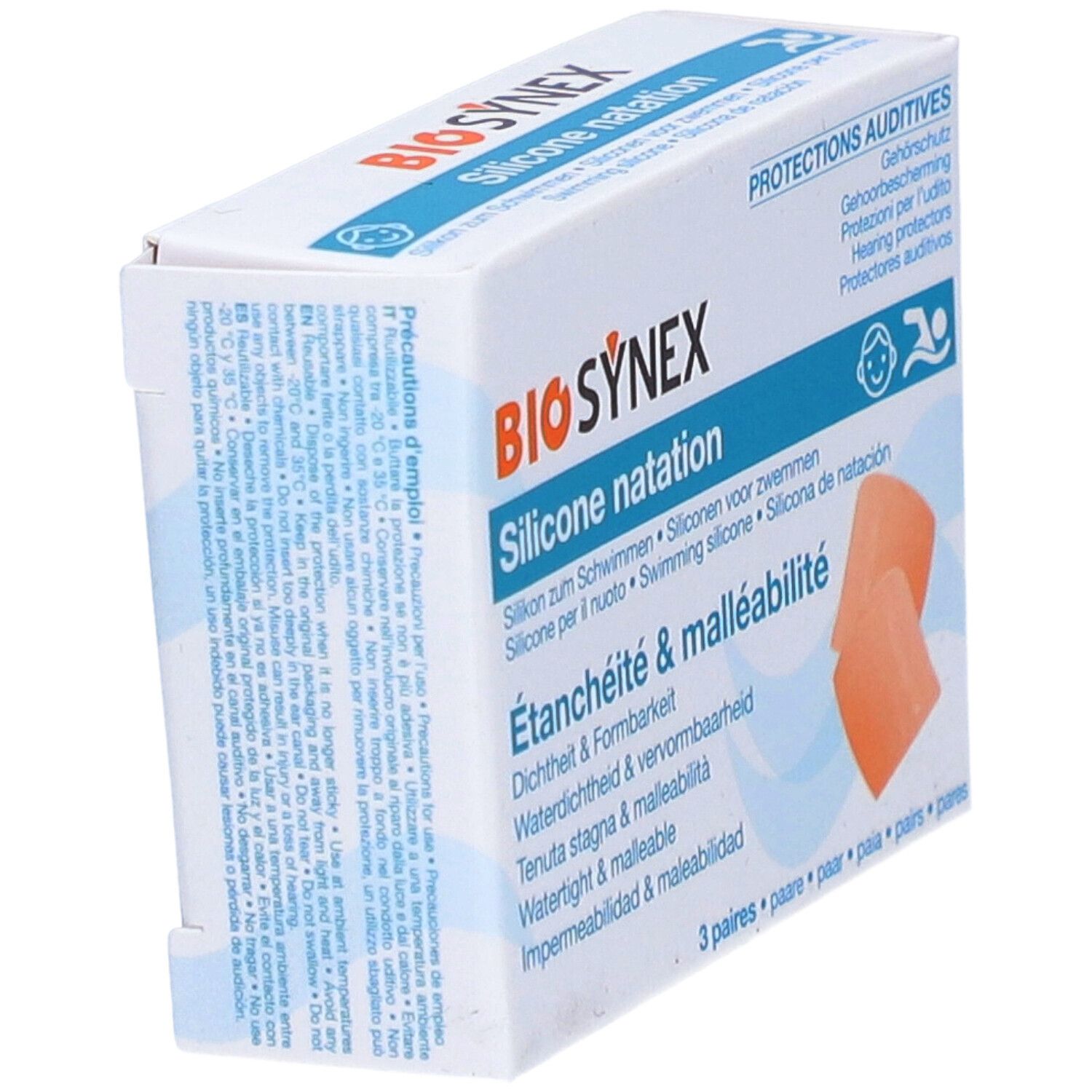 Schräg gestellte Verpackung mit Gehörschutz. Orangefarbene Ohrstöpsel sichtbar. Text: BIOSYNEX, Silicone natation.