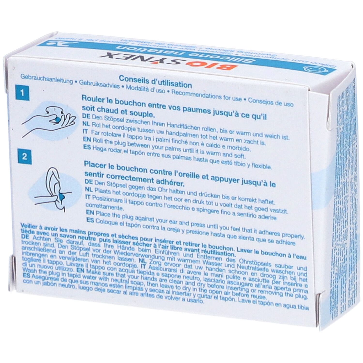 Rückseite der Verpackung mit Anweisungen. Illustrationen und Text in mehreren Sprachen. Gehörschutz.