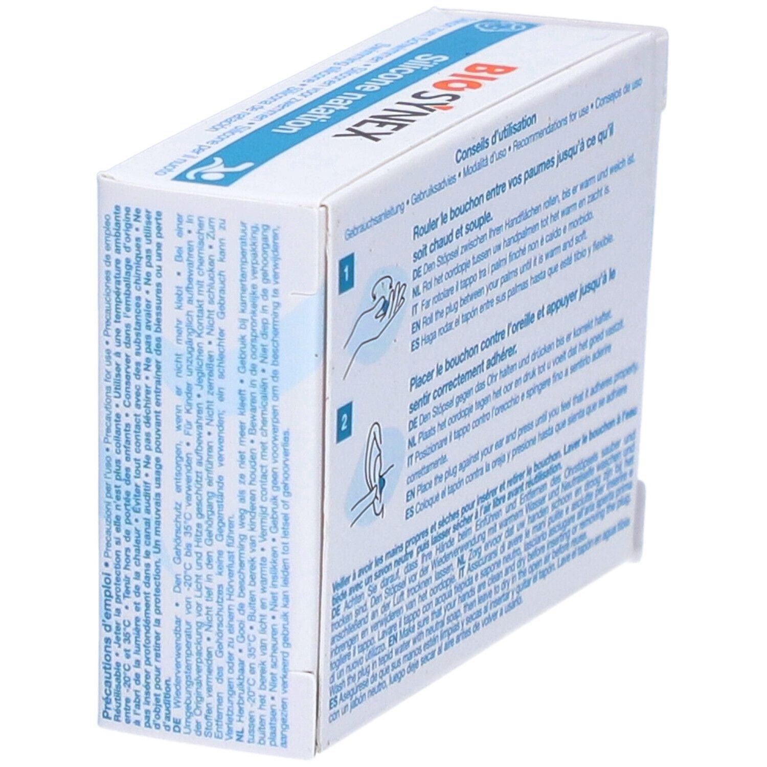 Schräg gestellte Verpackung mit Anweisungen. Text in mehreren Sprachen. Gehörschutz.