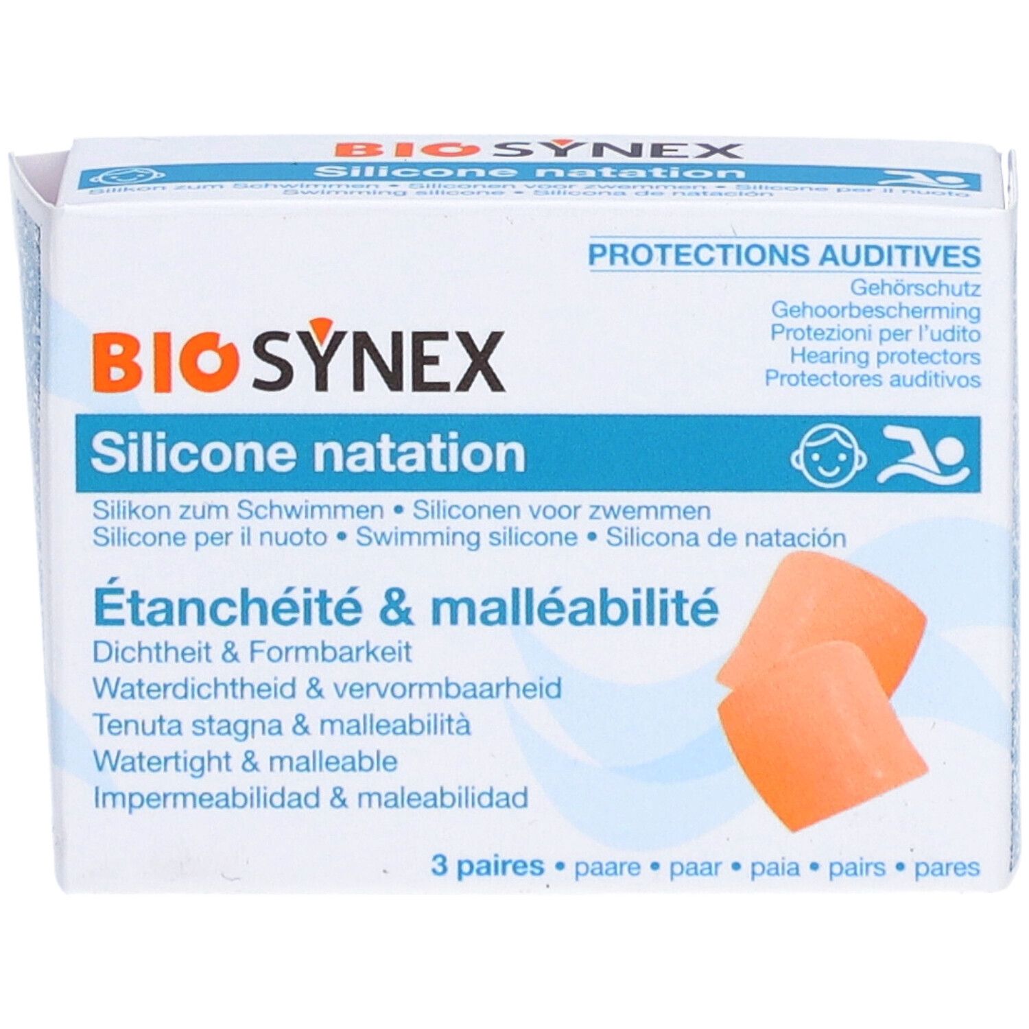 Verpackung mit Gehörschutz. Orangefarbene Ohrstöpsel sichtbar. Text: BIOSYNEX, Silicone natation, 3 Paare.
