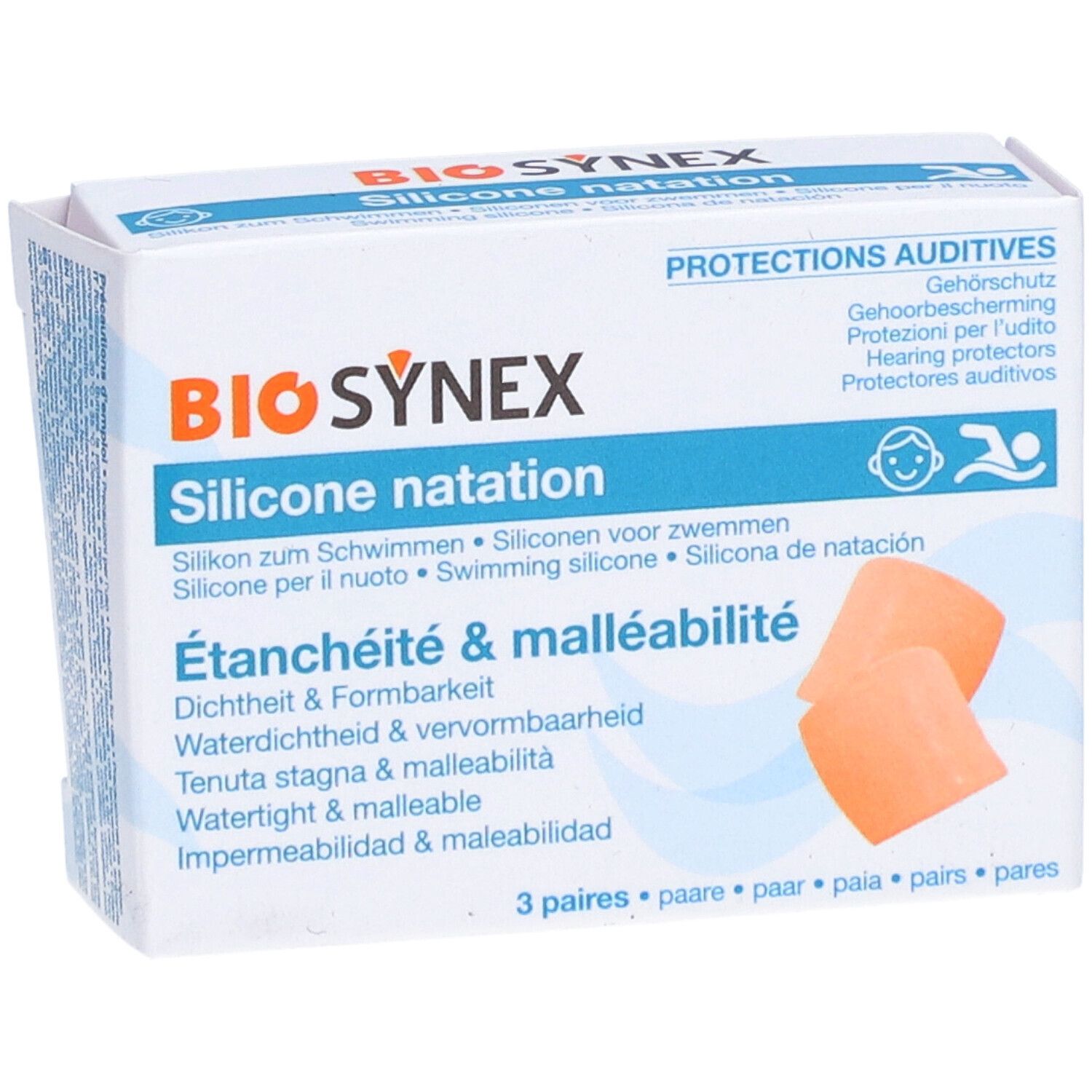 Verpackung mit Gehörschutz. Orangefarbene Ohrstöpsel sichtbar. Text: BIOSYNEX, Silicone natation, 3 Paare.