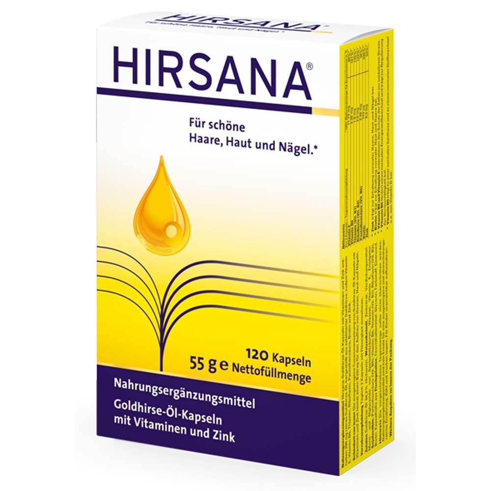 HIRSANA® Goldhirse-Öl-Kapseln. Gelbe und weiße Verpackung. 120 Kapseln. Nahrungsergänzungsmittel.