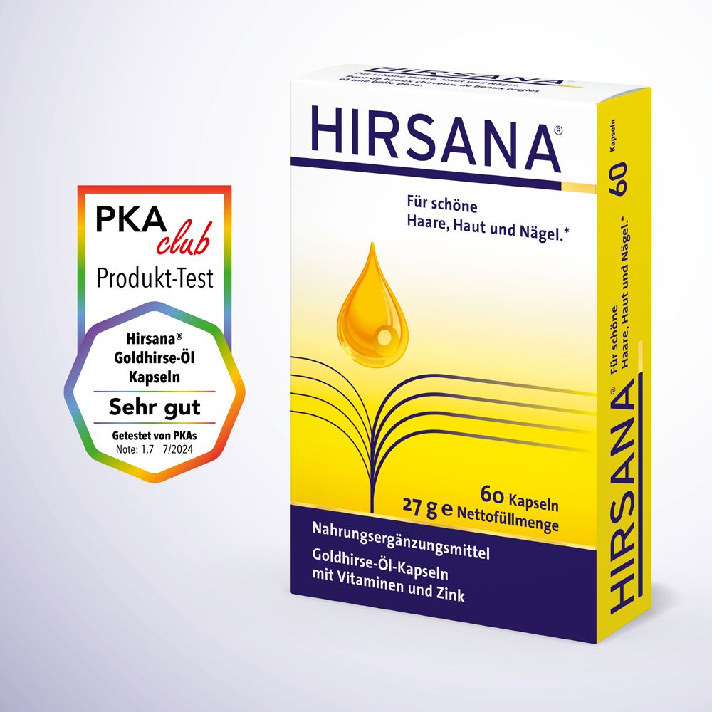 HIRSANA® Goldhirse-Öl-Kapseln. Verpackung mit 60 Kapseln. PKA club Produkt-Test. Sehr gut.