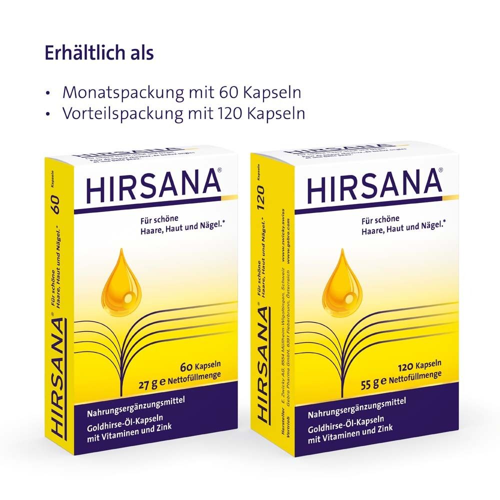 HIRSANA® Goldhirse-Öl-Kapseln. 60 und 120 Kapseln. Monatspackung und Vorteilspackung.