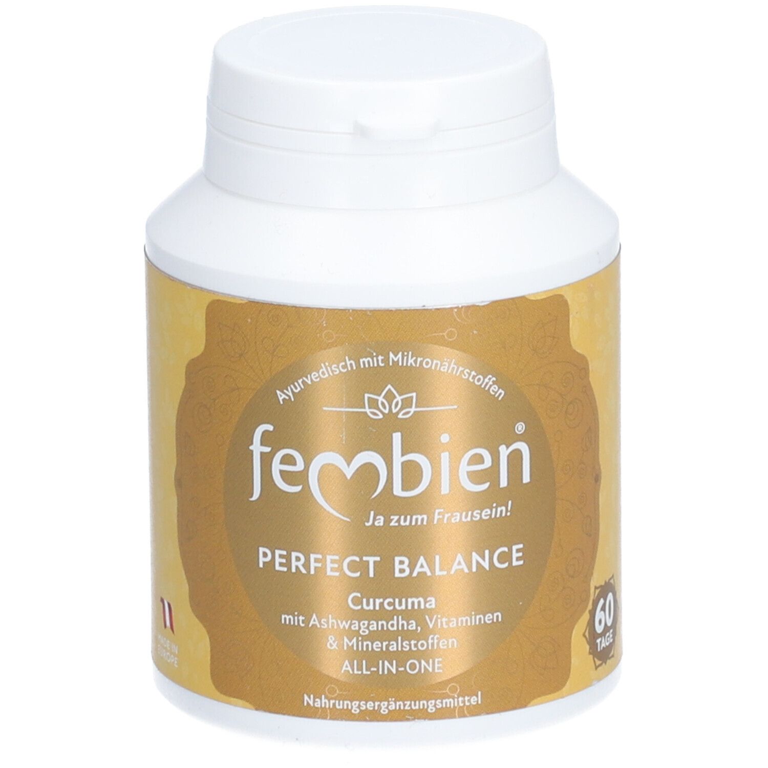 Weißes Fläschchen mit goldfarbenem Etikett. Aufschrift: fembien Perfect Balance, Curcuma, Ashwagandha, Vitamine & Mineralstoffe.