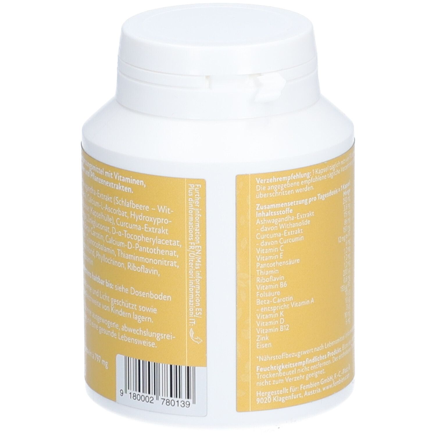 Rückseite des weißen Fläschchens mit goldfarbenem Etikett. Enthält Inhaltsstoffe und Warnhinweise. Barcode sichtbar.